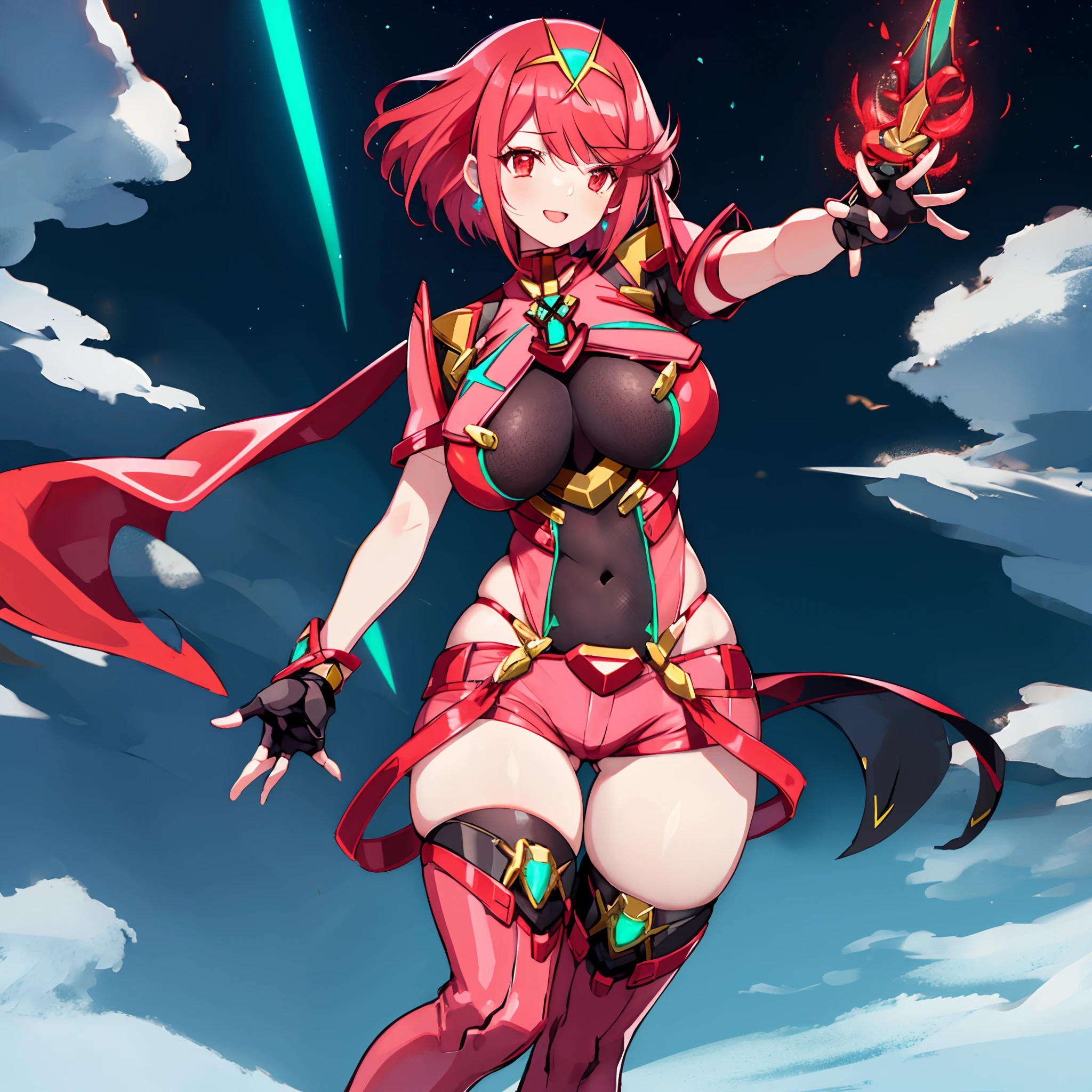 pyra \(xenoblade\), _1girl, armor, bangs, black gloves, bread eyes, closed mouth, earrings, eyelashes, fingerless gloves, floating hair, framed breasts, gees, hair ornament, headpiece, jewelry, big_breasts, leaning botard, neon trim, official art, pose, red hair, red shorts, saitou masatsugu, short hair, short shorts, short sleeves, shorts, sidelocks, skin tight, solo, standing, swept bangs, thighhighs, tiara, night_prairie_background, turtleneck, underbust, vambraces, xenoblade chronicles \(series\), (xenoblade chronicles 2), apart_legs, fire_effect,dynamic_pose_fighting,light_smile, (plump:1.1), big_ass,huge_sword, hold_largword_hilt, solo, covered_nipples, covered_pussy,open_ack_view, fists,