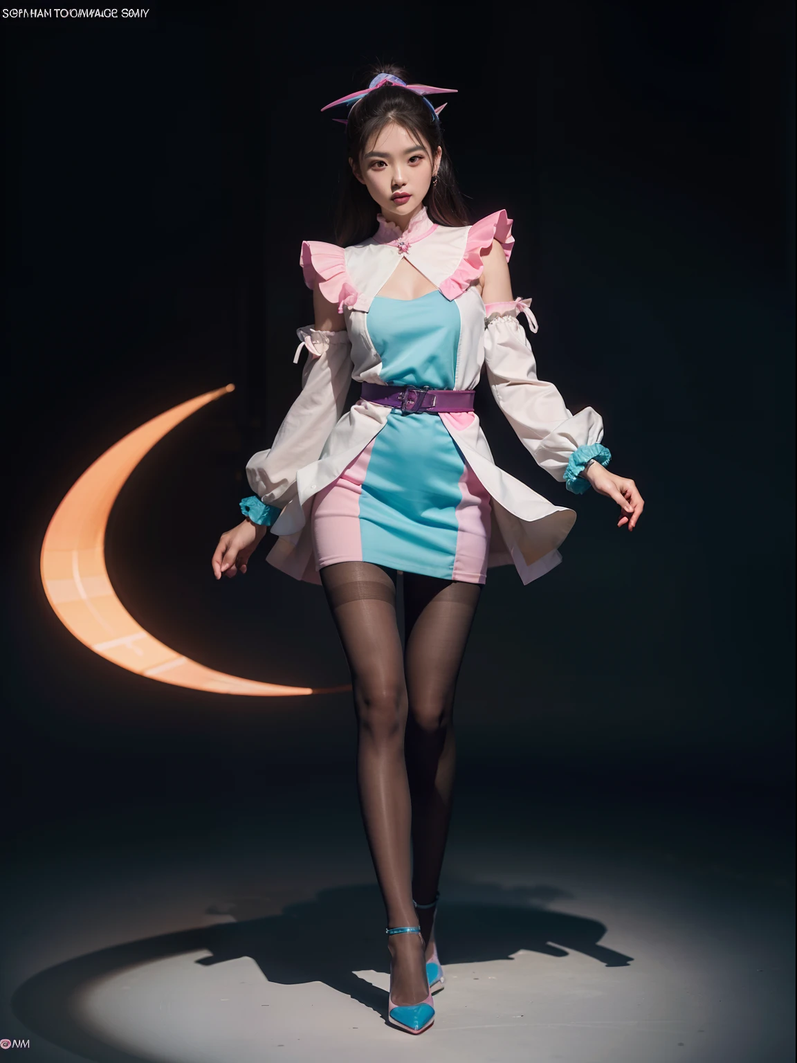 (full body:1.5)，(looking at viewer:1.4)，(anatomy correct:1.3)， (Wearing Pantyhose, pointed toe high-heeled, andFemale Demon Mage Set:1.2), (pigeon-toed pose:1.2),(In pink|amarelo|blue colors|green color|red colour|white colors|black in color|purpleish color|greys|Beige|Flesh color 1.4)，(Accurate and perfect face:1.4),A shallow laugh,,hyper HD, Ray traching, reflective light，structurally correct, Award-Awarded, high detal, lightand shade contrast, Face lighting，cinmatic lighting, tmasterpiece, super detailing, high high quality, high detal, best qualityer, 16k，high contrast,