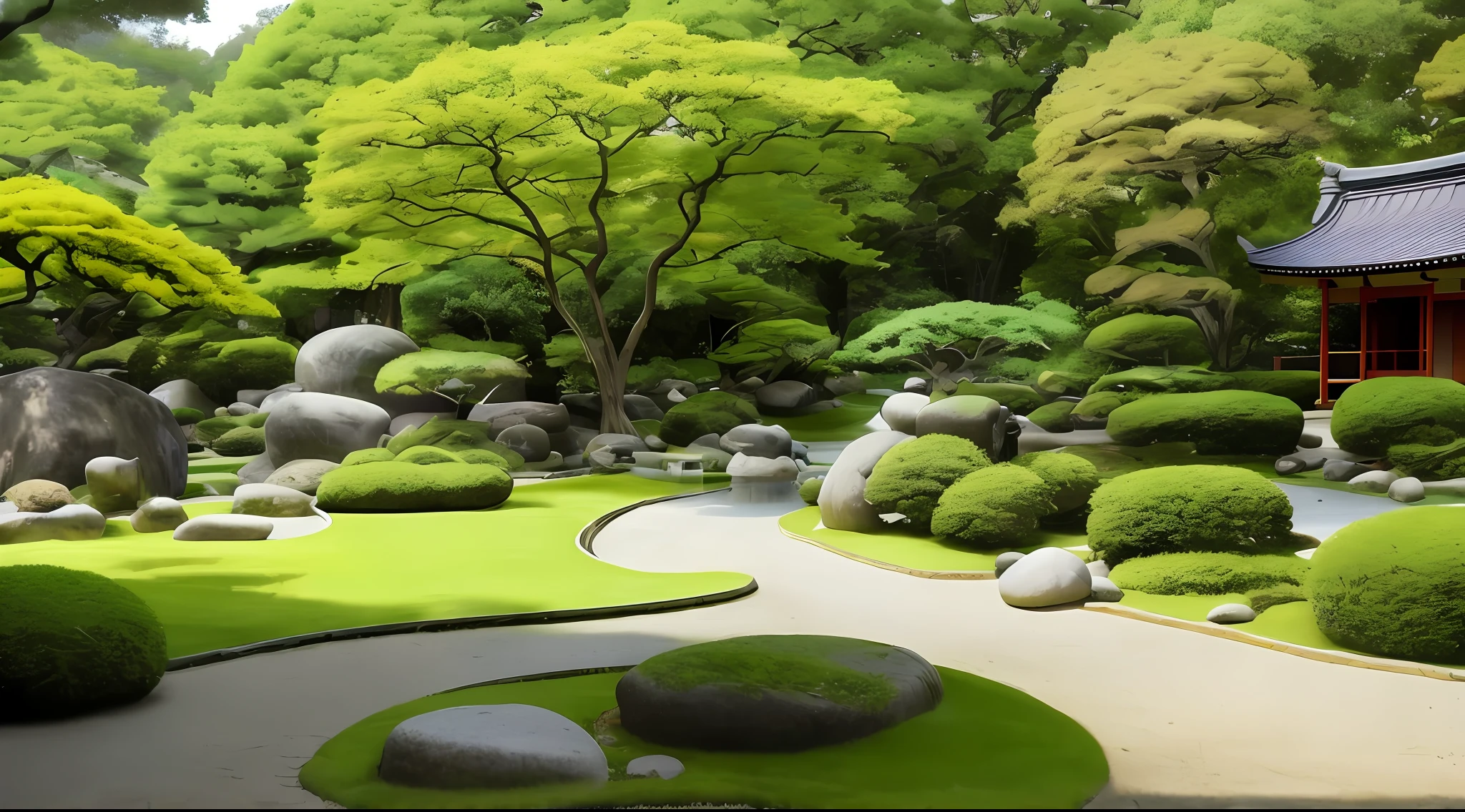 Alafid landscape with gardens of rocks and trees, Zen garden, Japanese Garden, kyoto inspired, lush japanese landscape, inspired by Itō Jakuchū, Zen temple background, inspired by Sesshū Tōyō, japanese temples, wonderful masterpiece, japanese temples, in japanese garden, Ancient Japanese architecture, Japanese architecture, Beautiful masterpiece