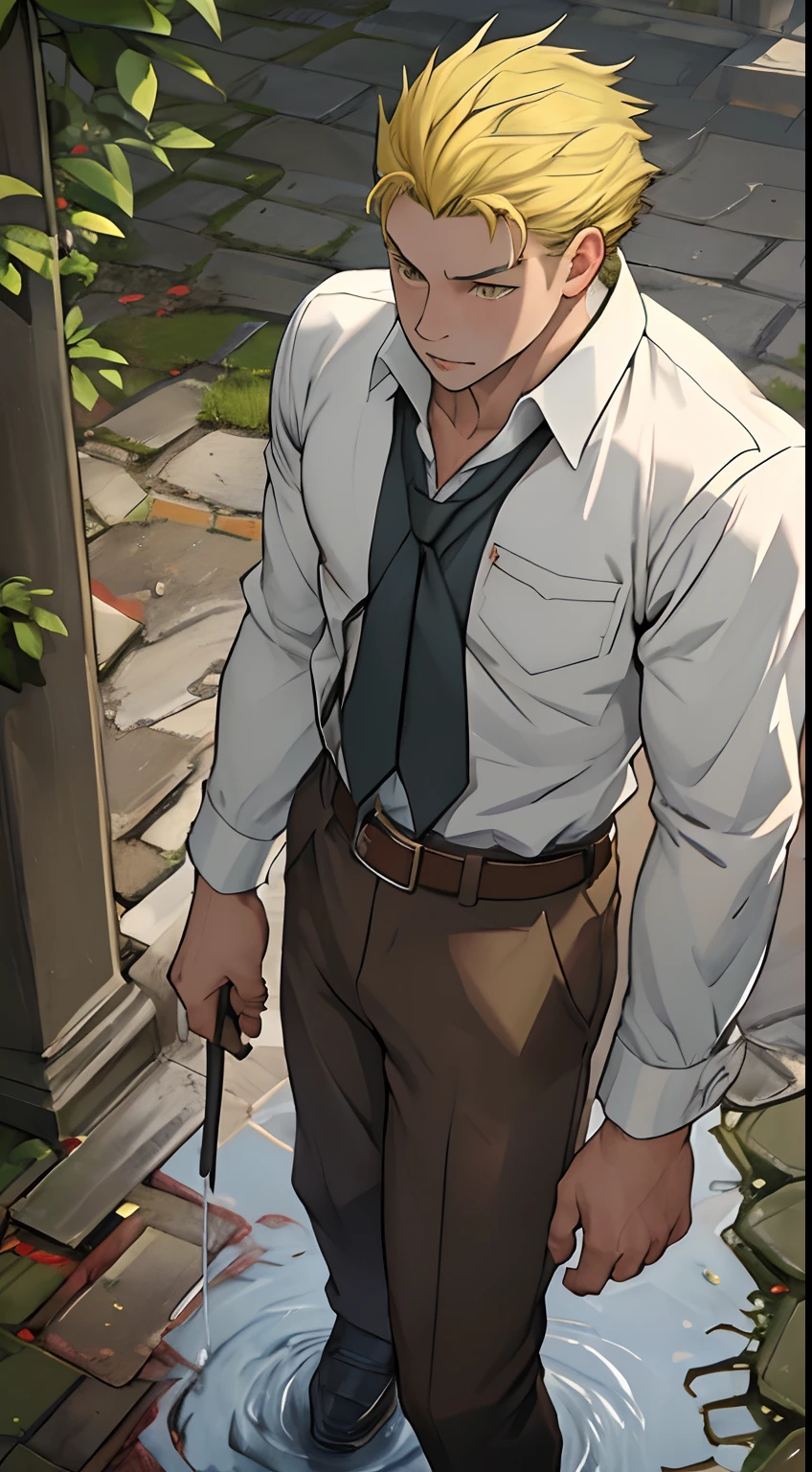 A3R1, Hector Fey ,Look at the upper body more,Pants view,legs separated,A3R1,pissing,Pee yourself,His own urine ran down his thigh,perfect male figure, Aerith Gainsborough ,Put your hands in your trouser pockets,Pee from his legs,yellow eyes,Surrounded by other people, Stand in a very dirty medieval castle,and the sun was shining brightly,Wear a tie,wearing leather belt,Long Sleeve White Shirt,(The shirt is soaked),short yellow hair,perspire,Black suit trousers,dress shoes,Nervously bow your head,is shy,embarressed,Defeat,is shocked,panicking,worry,exteriors,On dry ground, A small puddle of his own urine formed around his feet,Very eager to pee,Wet yourself,Urine discharge,high detal,hentail realism,ultra-realistic realism,three sided view, A masterpiece of careful planning,A high resolution, hyper HD ,anatomy correct,super detailing,best qualtiy,A high resolution,8K
