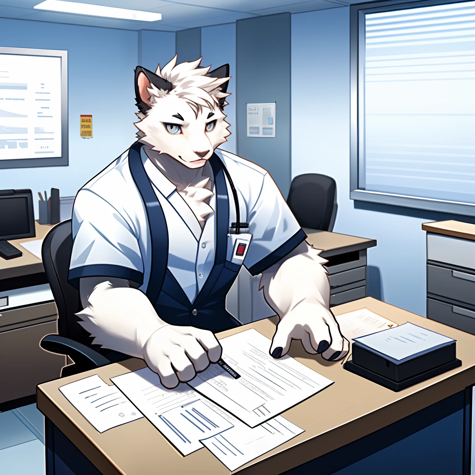 Pure white kitten，The male，Look at physiology at a desk in the hospital,Manteau blanc
