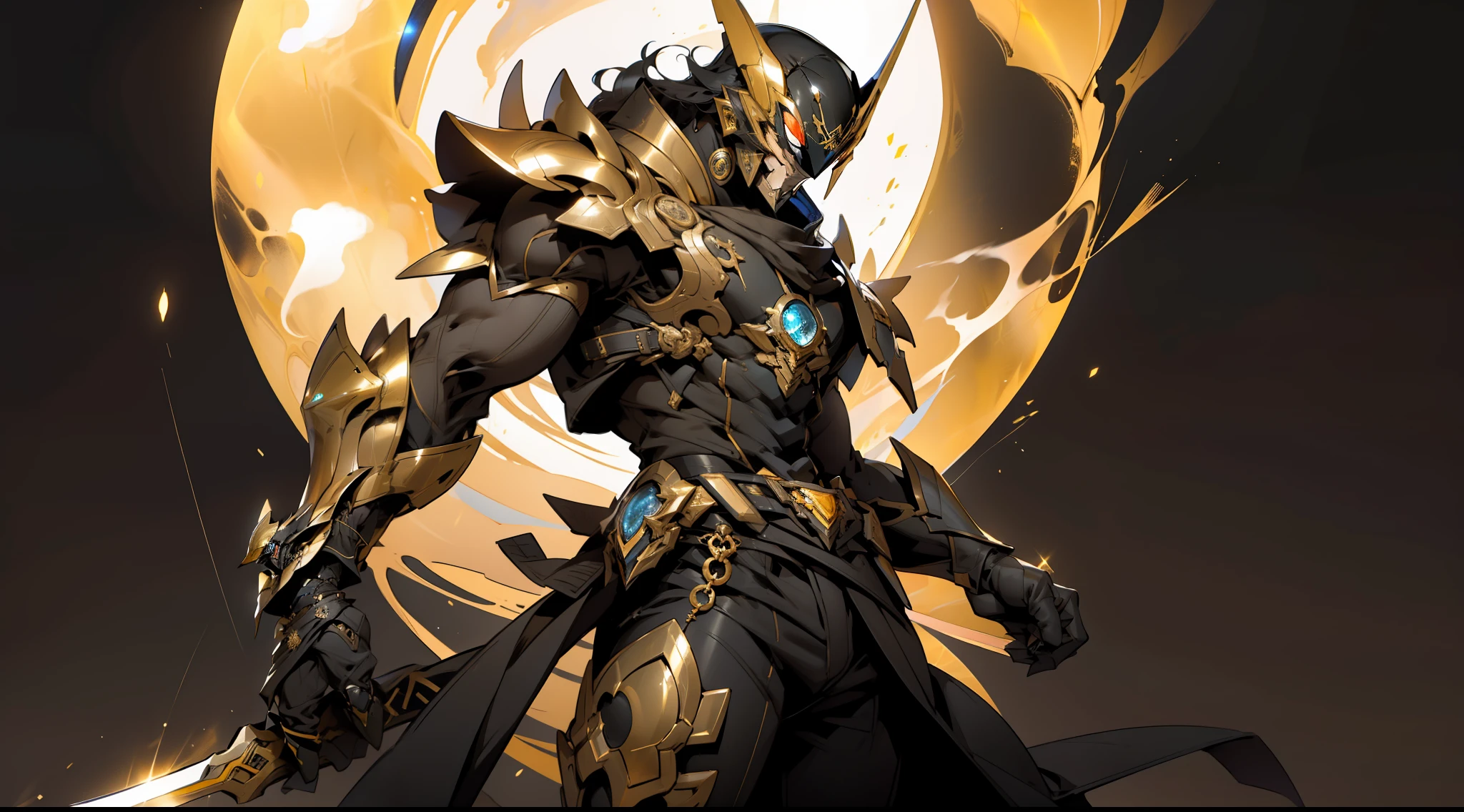 Obsidian Gold Kamen Rider，Holding a golden giant sword，sci-fy，Fire magic，perfect bodies，the night，starryskybackground，whole body display，god light