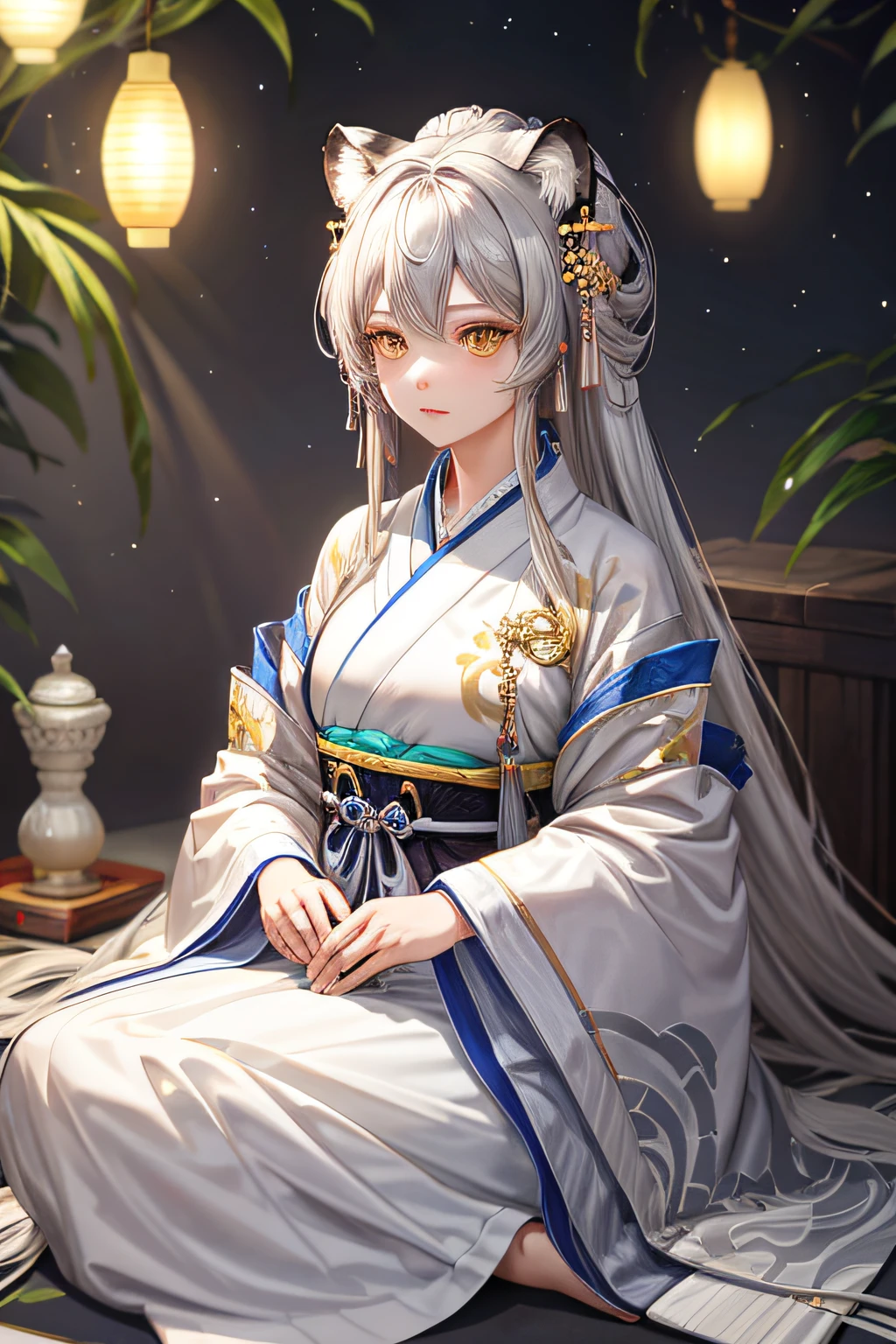 gray-haired girl，Hanfu，Gold eyes，medium boob，White tiger ears