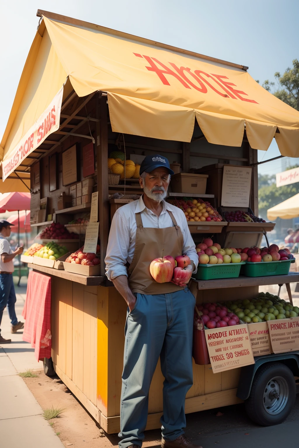 There is a man standing at a fruit stand selling apples, food stall, colored fruit stand, shot on kodak ektar, shot on leica sl2, Food stalls, stockphoto, shot on kodak vision 200t, taken with a pentax k1000, Kodak Ektar 1 0 0, Kodak Ektar 100, colored market stand