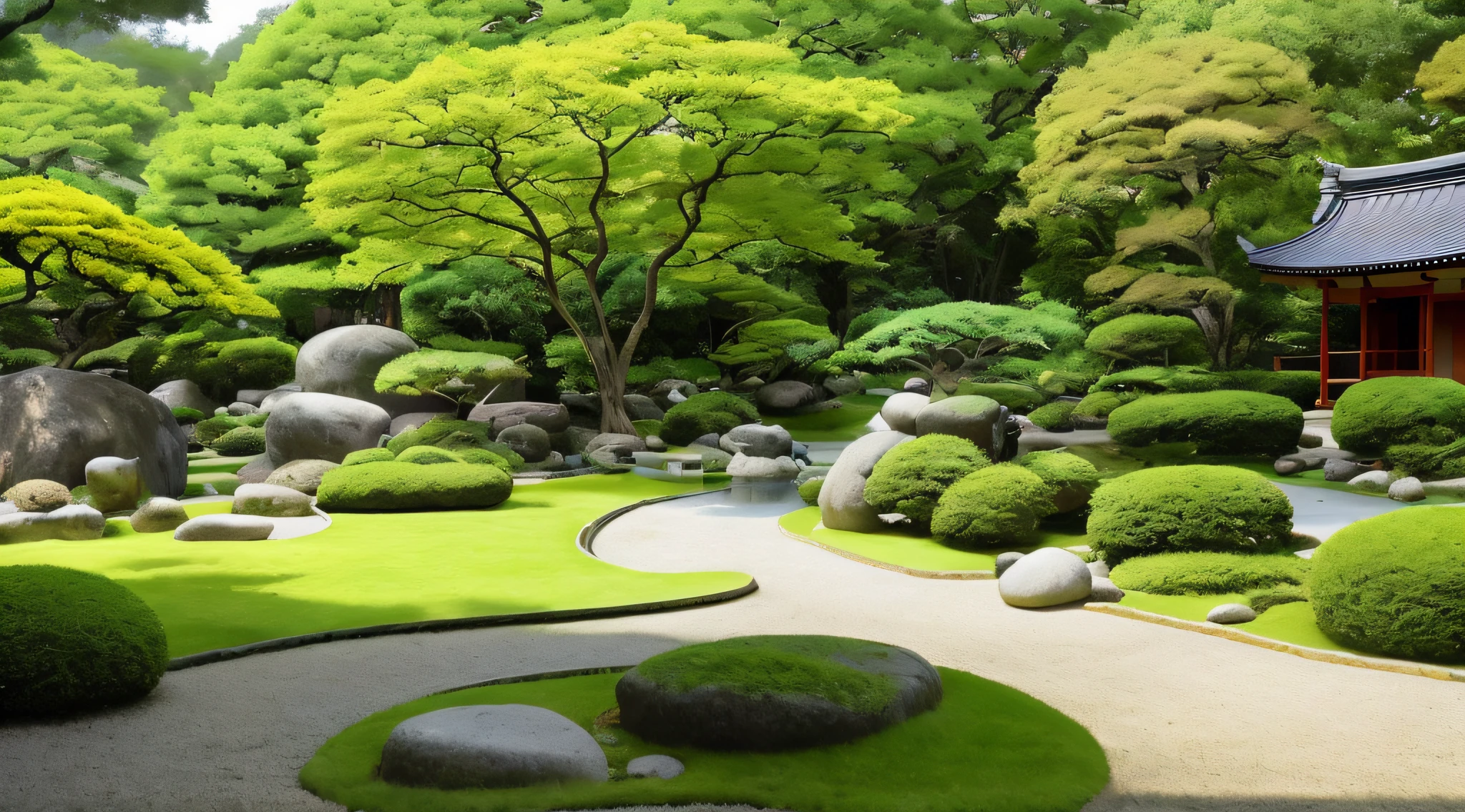 Alafid landscape with gardens of rocks and trees, Zen garden, Japanese Garden, kyoto inspired, lush japanese landscape, inspired by Itō Jakuchū, Zen temple background, inspired by Sesshū Tōyō, japanese temples, wonderful masterpiece, japanese temples, in japanese garden, Ancient Japanese architecture, Japanese architecture, Beautiful masterpiece