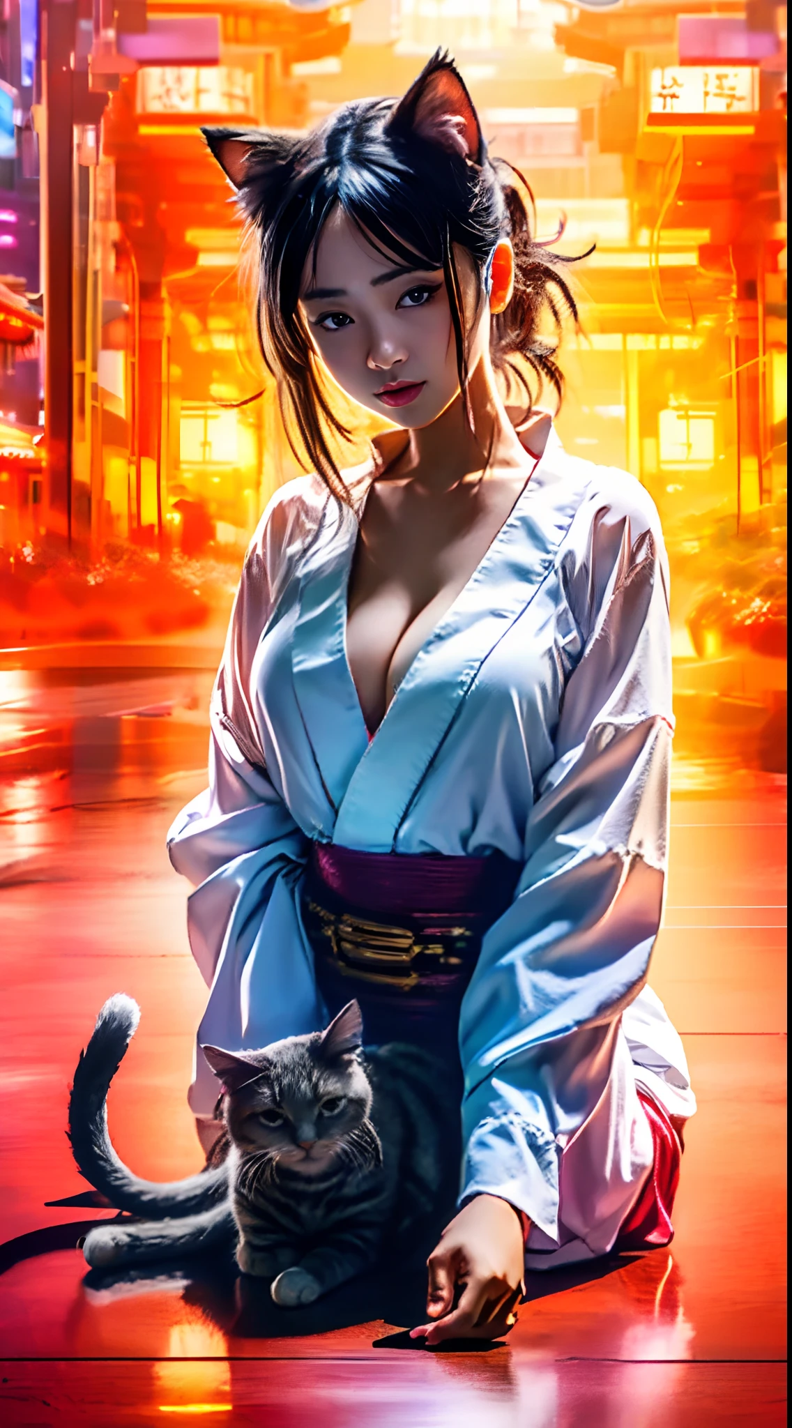 比基尼,whaite hair,anime big breast,Cat crawling