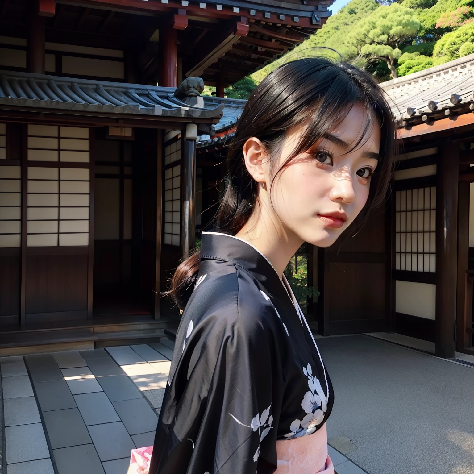 Sightseeing trips、one beautiful women、Sad face、Beautiful facial features、Eyes are double、Scene of worship at a Japan temple、Bright sunshine、dark kimono、Kimono appearance、Scenery with a Japanese atmosphere、Temples