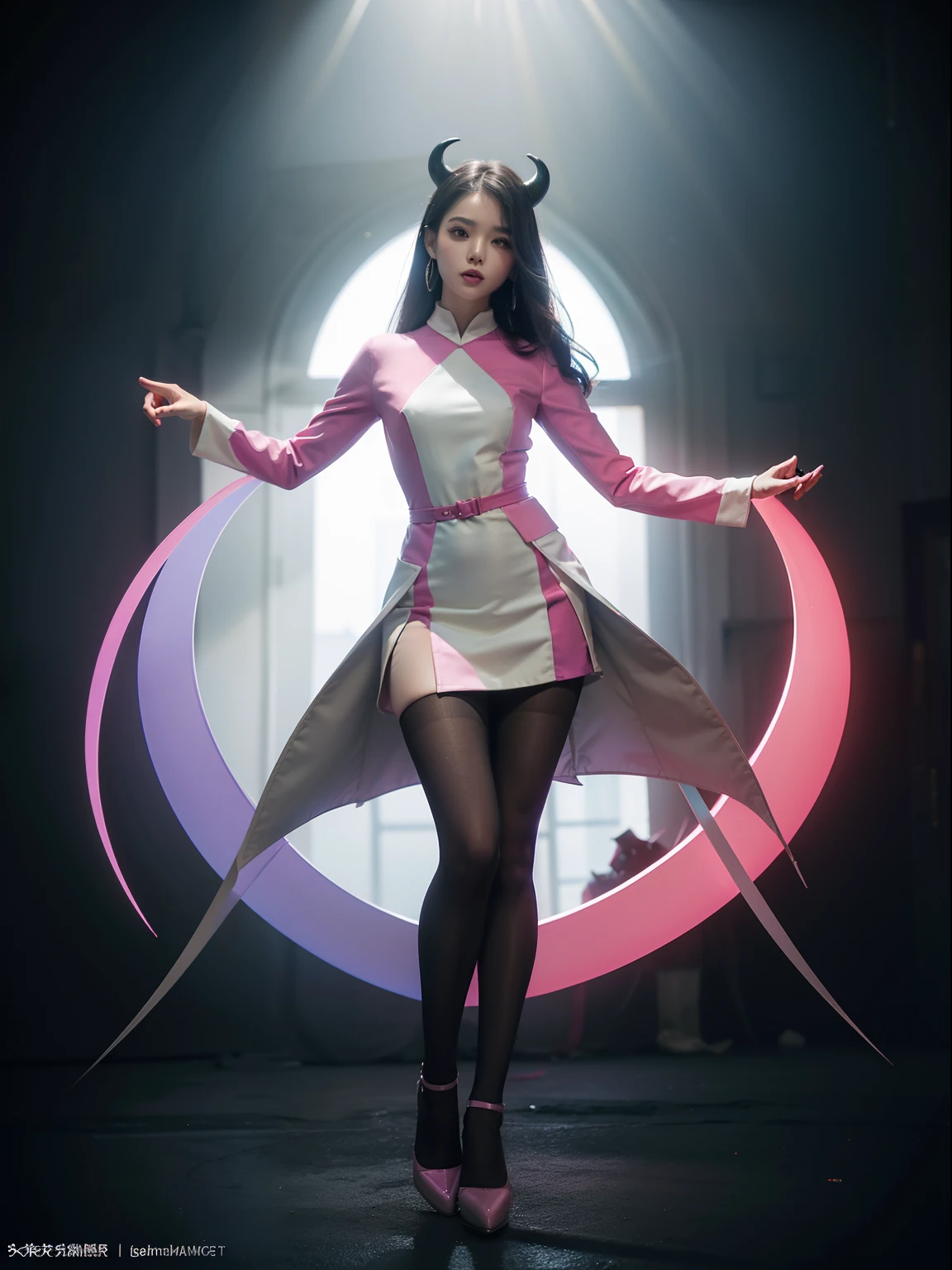 (full body:1.5),(looking at viewer:1.4),(anatomy correct:1.3), (Wearing Pantyhose, pointed toe high-heeled, andFemale Demon Mage Set:1.2), (pigeon-toed pose:1.2),(In pink|amarelo|blue colors|green color|red colour|white colors|black in color|purpleish color|greys|Beige|Flesh color 1.4),(Accurate and perfect face:1.4),A shallow laugh,,hyper HD, Ray traching, reflective light,structurally correct, Award-Awarded, high detal, lightand shade contrast, Face lighting,cinmatic lighting, tmasterpiece, super detailing, high high quality, high detal, best qualityer, 16k,high contrast,