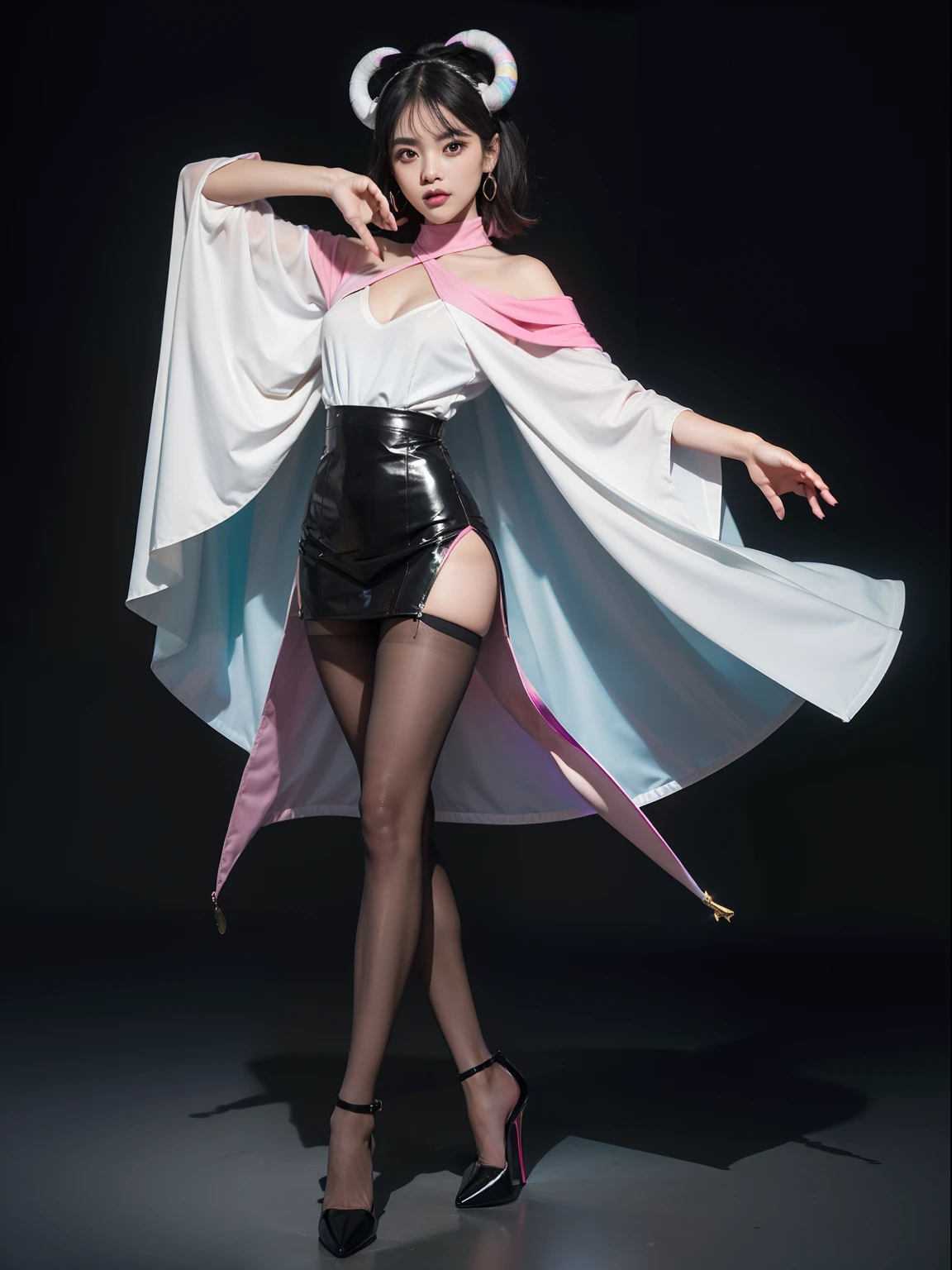 (full body:1.5),(looking at viewer:1.4),(anatomy correct:1.3), (Wearing Pantyhose, pointed toe high-heeled, andFemale Demon Mage Set:1.2), (pigeon-toed pose:1.2),(In pink|amarelo|blue colors|green color|red colour|white colors|black in color|purpleish color|greys|Beige|Flesh color 1.4),(Accurate and perfect face:1.4),A shallow laugh,,hyper HD, Ray traching, reflective light,structurally correct, Award-Awarded, high detal, lightand shade contrast, Face lighting,cinmatic lighting, tmasterpiece, super detailing, high high quality, high detal, best qualityer, 16k,high contrast,