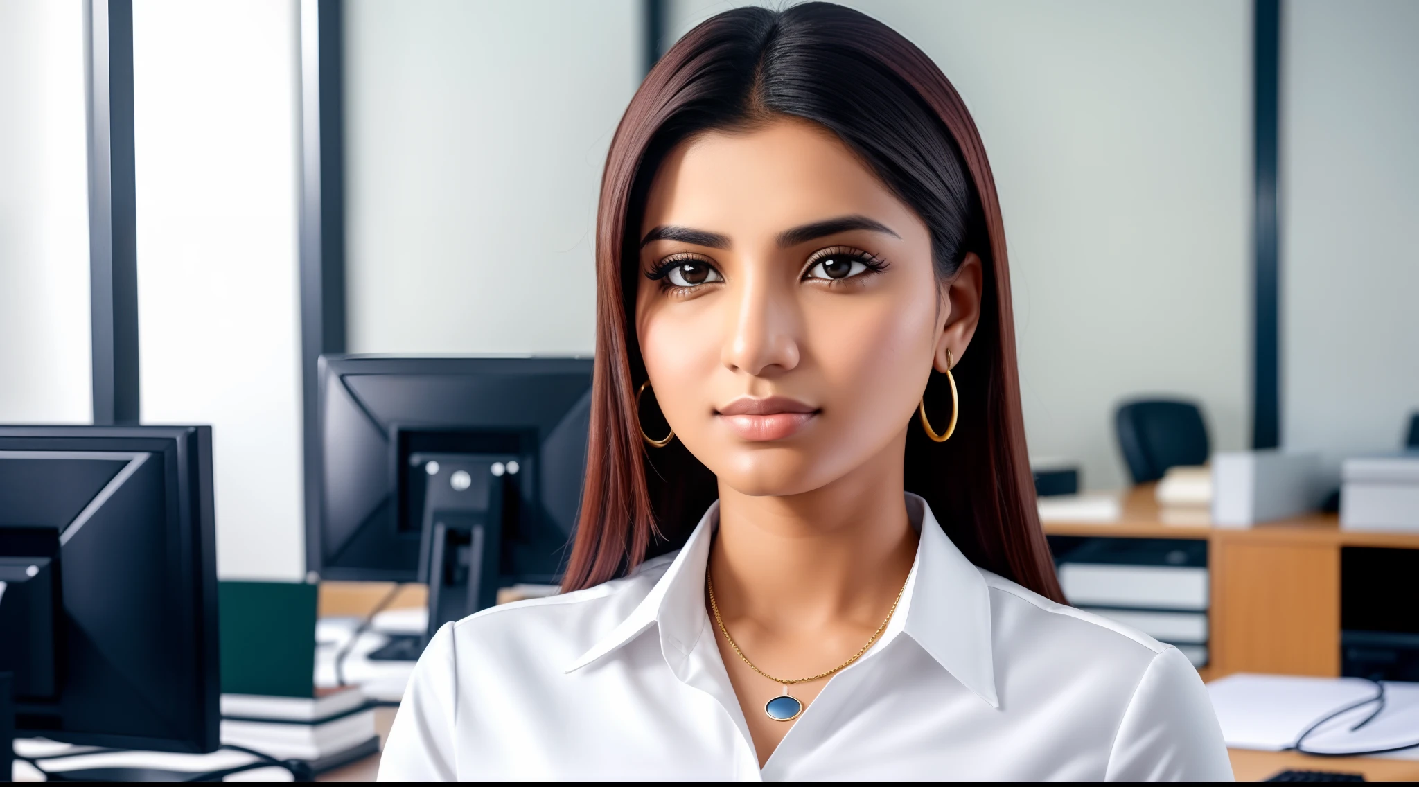 (((hd closeup photo))),one standing Mia Khaifa looking at camera,25 years old,In the office