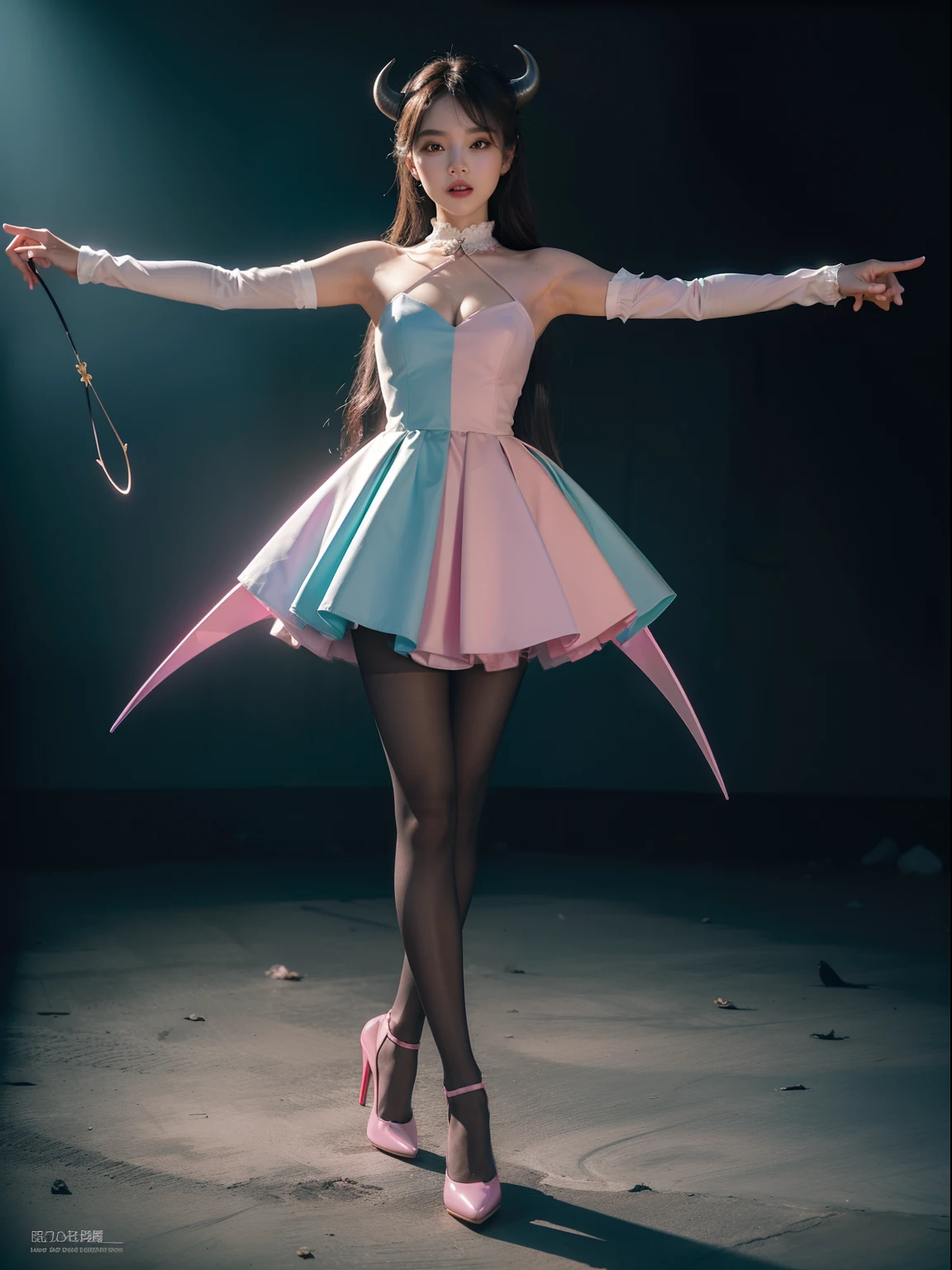 (full body:1.5)，(looking at viewer:1.4)，(anatomy correct:1.3)， (Wearing Pantyhose, pointed toe high-heeled, andFemale Demon Mage Set:1.2), (pigeon-toed pose:1.2),(In pink|amarelo|blue colors|green color|red colour|white colors|black in color|purpleish color|greys|Beige|Flesh color 1.4)，(Accurate and perfect face:1.4),A shallow laugh,,hyper HD, Ray traching, reflective light，structurally correct, Award-Awarded, high detal, lightand shade contrast, Face lighting，cinmatic lighting, tmasterpiece, super detailing, high high quality, high detal, best qualityer, 16k，high contrast,