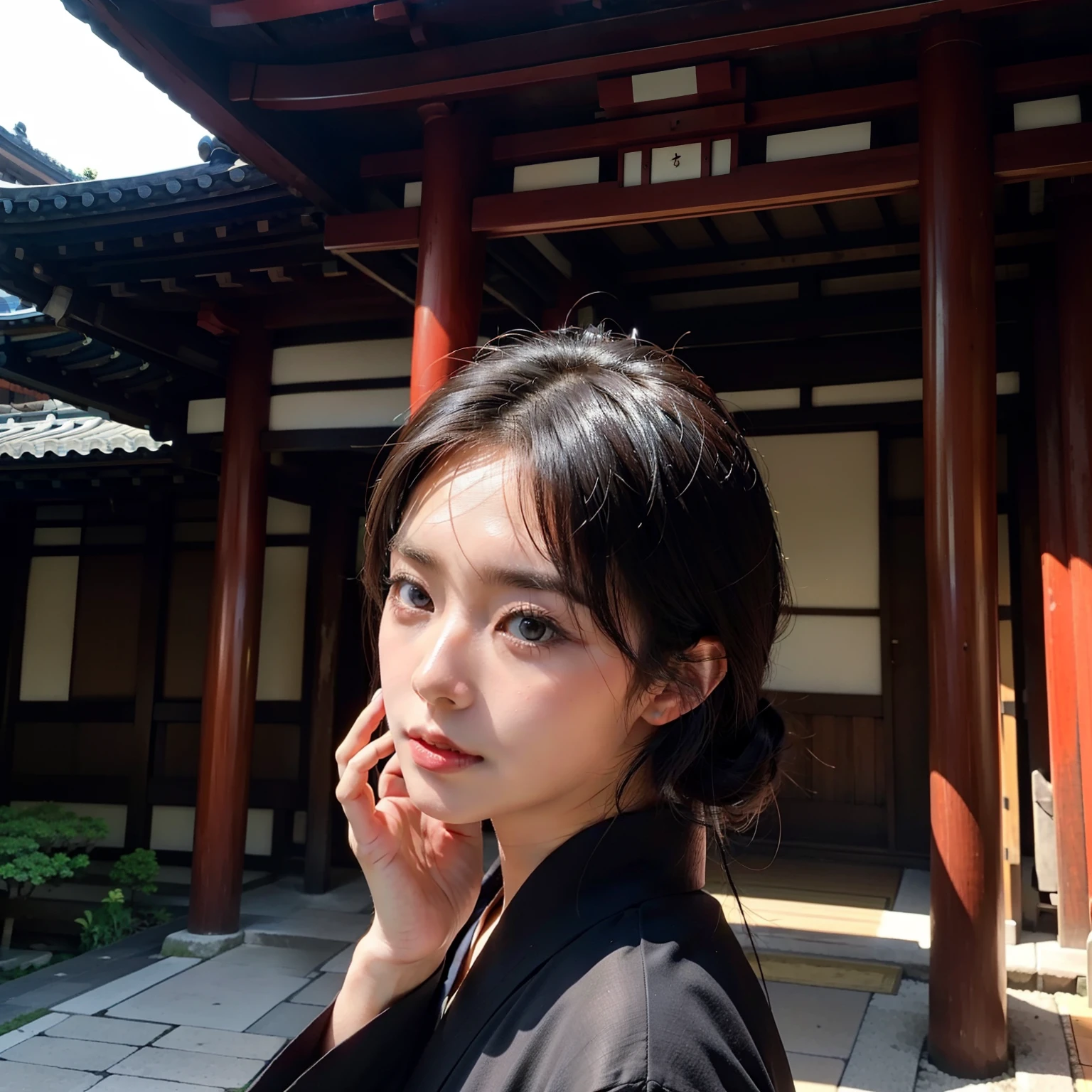 Sightseeing trips、one beautiful women、Sad face、Beautiful facial features、Eyes are double、Scene of worship at a Japan temple、Bright sunshine、dark kimono、Kimono appearance、Scenery with a Japanese atmosphere、Temples