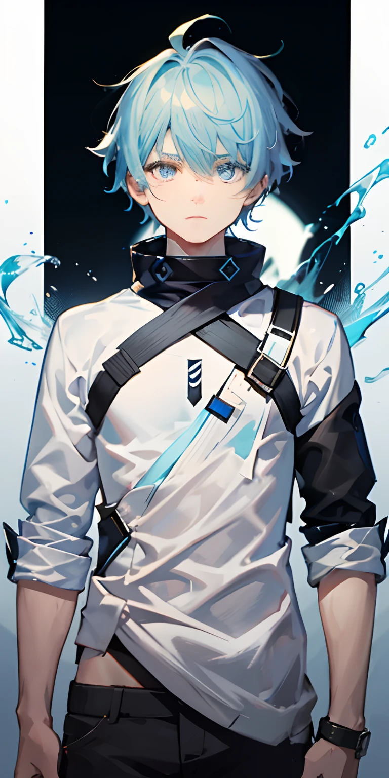 1boy，Shota，(high-definition quality，Masterpiece level)，Fresh and cold boy character，Blue eyes and the color of light blue hair echo each other，with clean lines，Show the modesty and confidence of the character，tmasterpiece, lightblue hair, Heterochromic eyes，A boy，Lean body type，Dull hair，Brown pick dye，with fair skin，Functional wind，Tall and lean，Cold