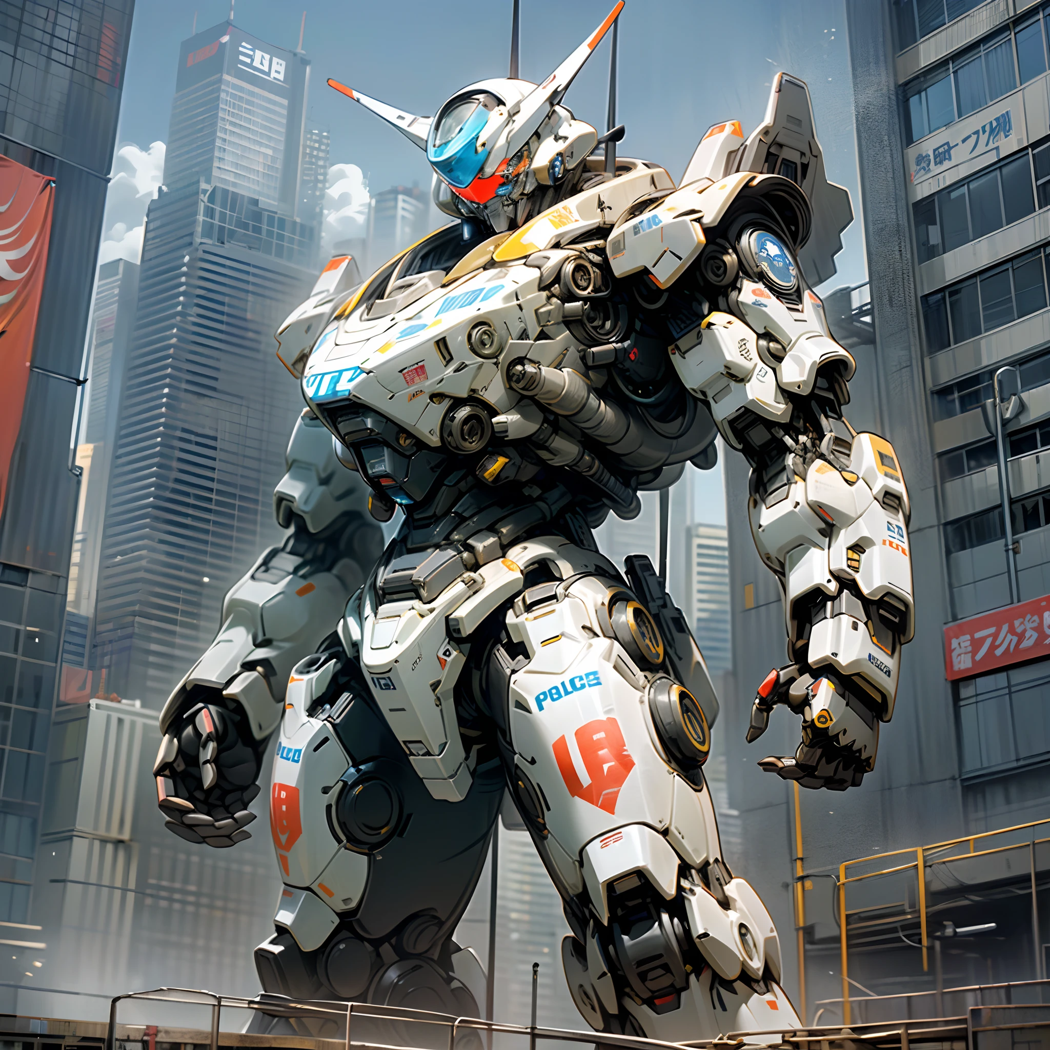 jpn、TOKYOcty、akihabara、Giant robot standing upright、((A giant robot with a police motif))、(The body color of the robot is white and black)、((The word POLICE is printed on the body of the robot))、((Patlite parts of the robot body))、Handgun in one hand of robot、Skyscraper District