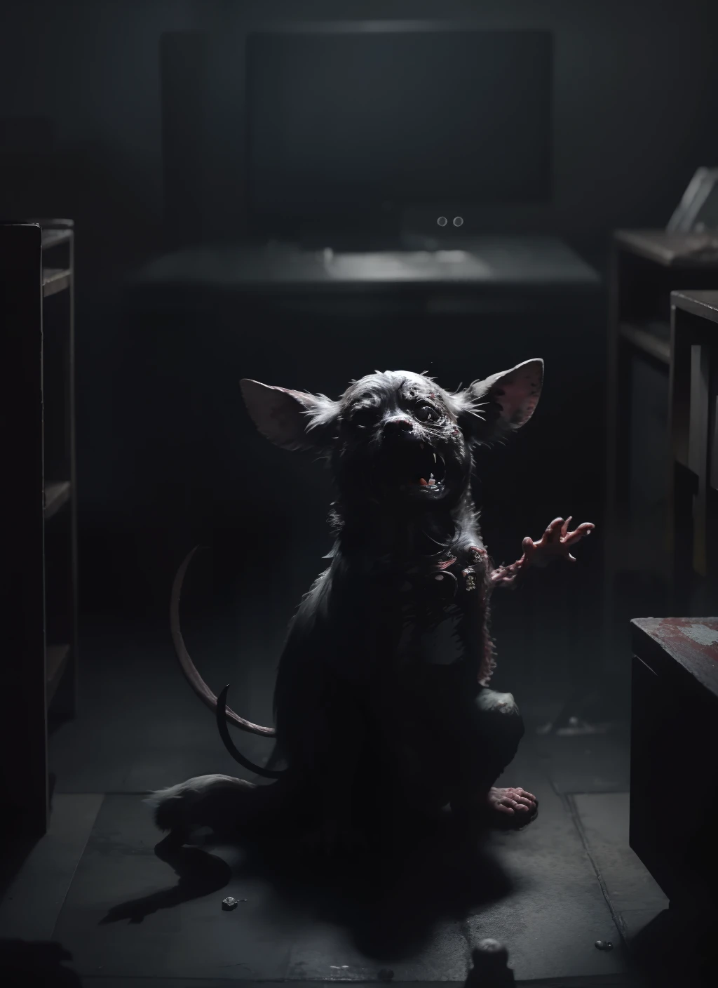 Disgusting horror [Chihuahua|mouse] Haunting bodily creatures in a spooky police station, rotting skin