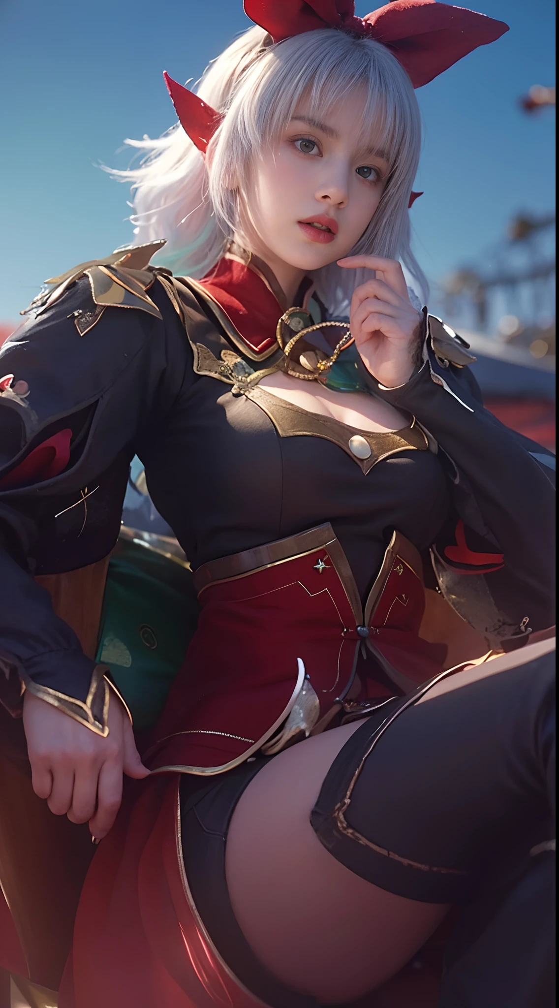 (8k, best quality, masterpiece:1.2), (realistic, photo-realistic:1.37), ultra-detailed, detail fingers, realistic fingers, A detailed portrait of 1 girl 21 year old, e girl, christmas outfits, eyes looking at the camera, christmas season, pale skin, perfect body, blue eyes, white hair. The scene is illuminated with professional lighting, photon mapping, and radiosity, with Tetsuya Nomura Style. Blur bokeh effect, realistic light.