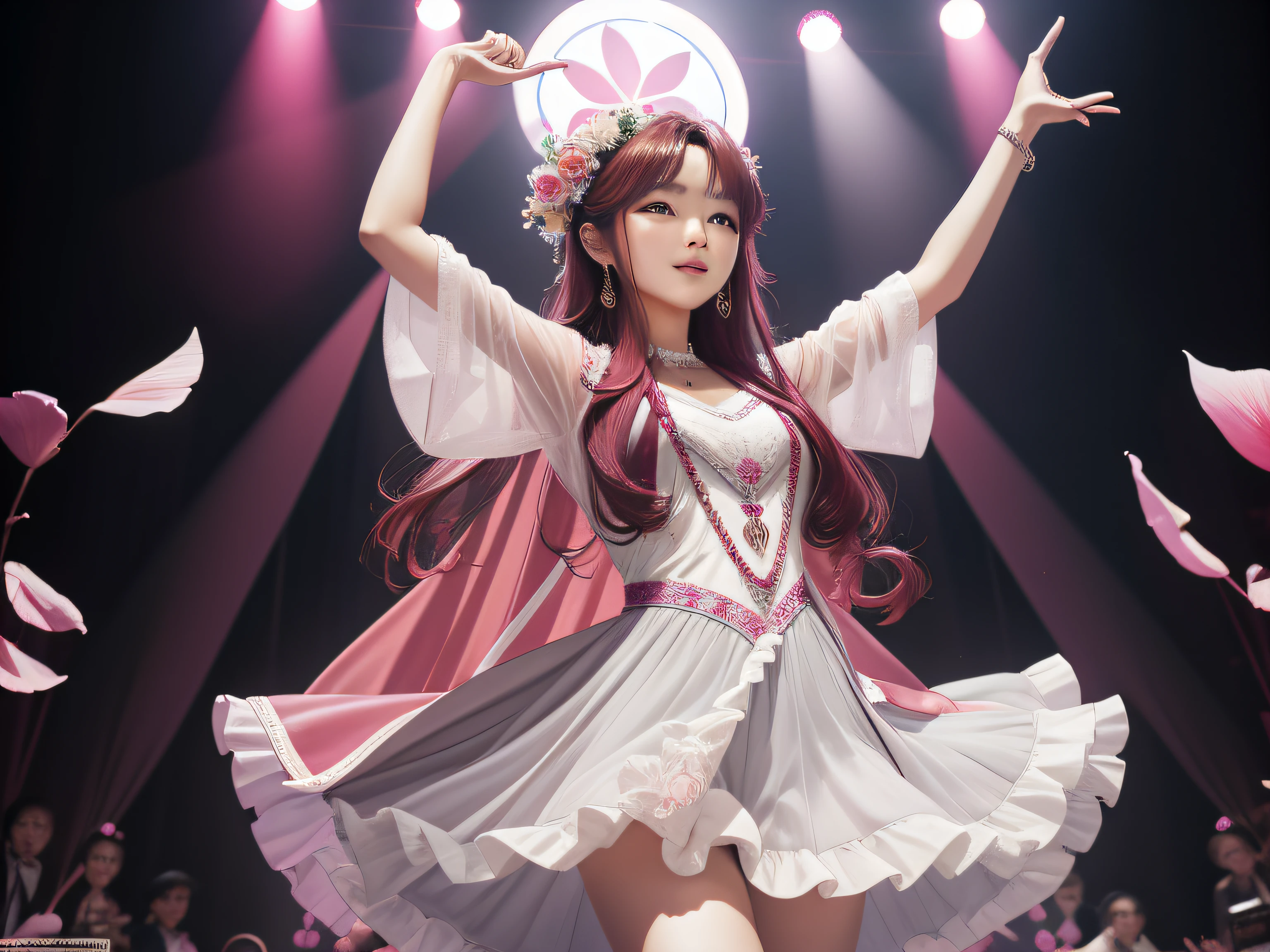 **yeonmin kristi song hd wallpaper 1920x1080, in the style of vibrant stage backdrops, photo taken with nikon d750, body extensions, light maroon and light gray, flower power, candid celebrity shots, shot on 70mm