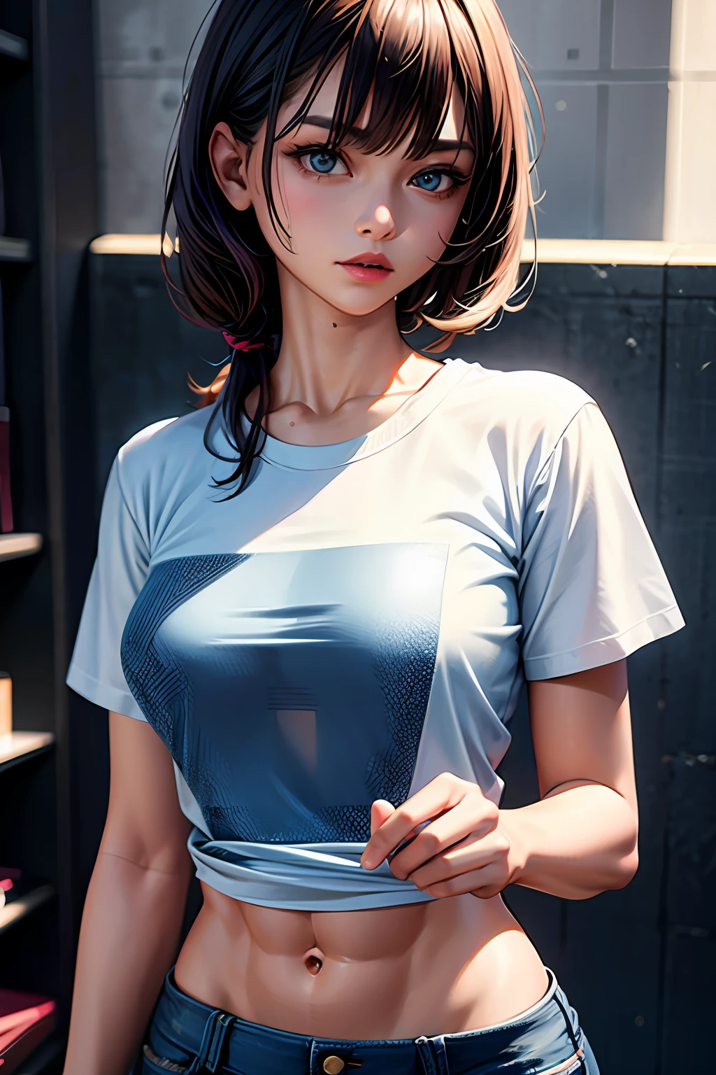 1girl, t shirt, jeans, abs, smoking, (((masterpiece), high quality, 8k, detail, detail eyes