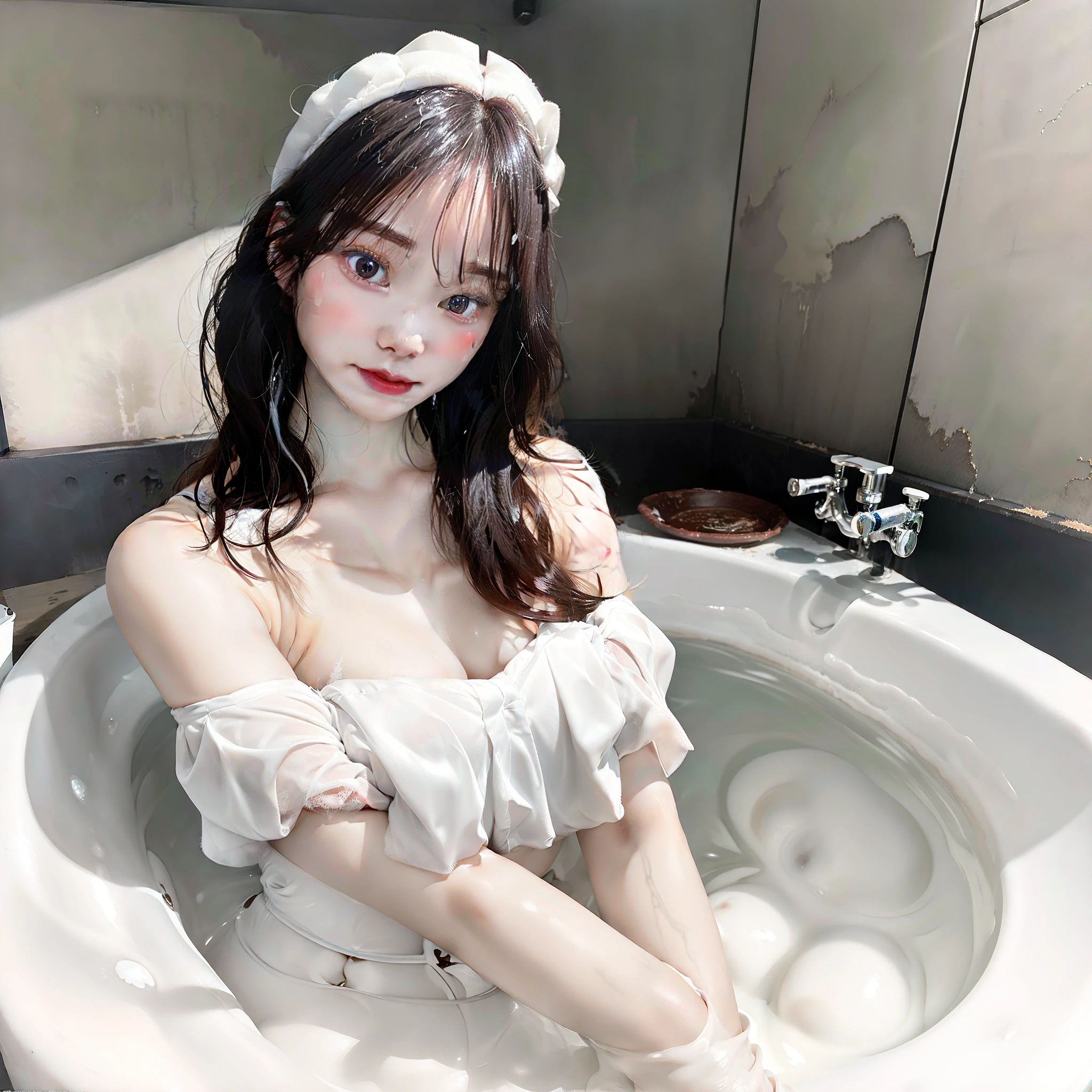 There was a woman taking a bath, Milky white skin, Clean face and body skin, mud on face, Clean face, pale milky white porcelain skin, her face is coated in a whitish,photorealestic,huge tit,cleavage,Naked