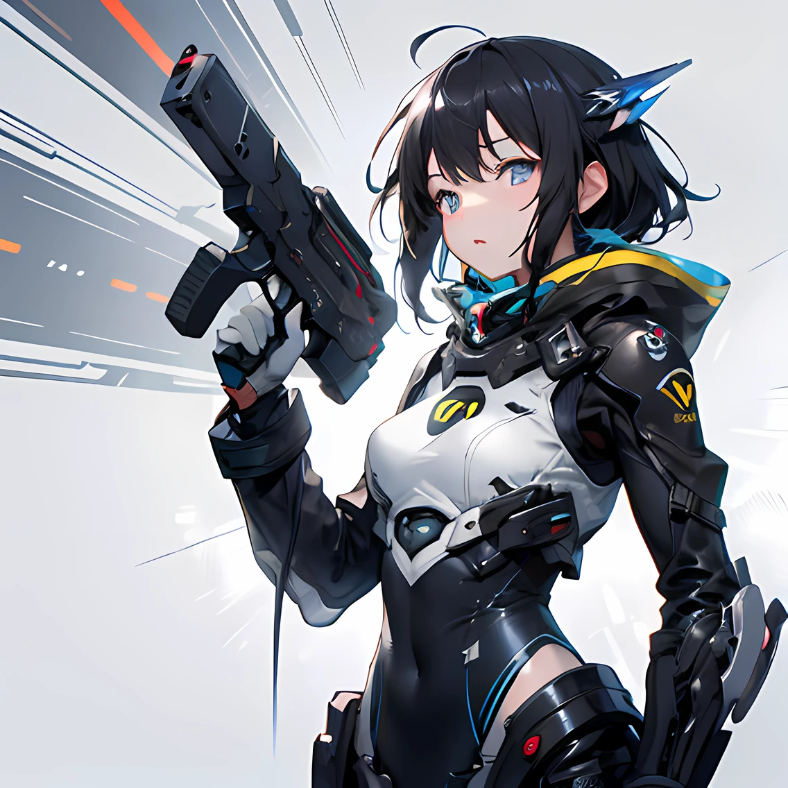 A woman with a gun in her right hand,The muzzle is aimed at the sky ，wearing a mecha，black color hair，Look ahead，up front view，pretty cool，quadratic element，game style，nothing background，（（best qualtiy））， （tmasterpiece））， （k hd：1.3）， 3D，HDR（HighDynamicRange），Ray traching，NVIDIA RTX，Hyper-Resolution，Unreal 5， sub surface scattering、PBR Texture、post-proces、Anisotropic filtering、depth of fields、Maximum clarity and sharpness、Many-Layer Textures、Albedo e mapas Speculares、Surface Coloring、Accurate simulation of photo-material interactions、perfectly proportions、rendering by octane、twotonelighting、Low ISO、trichotomy、Large aperture、8K original、High-Efficiency Sub-Pixel、sub-pixel convolution、Luminous Particle、Light scattering、Tyndall phenomenon、