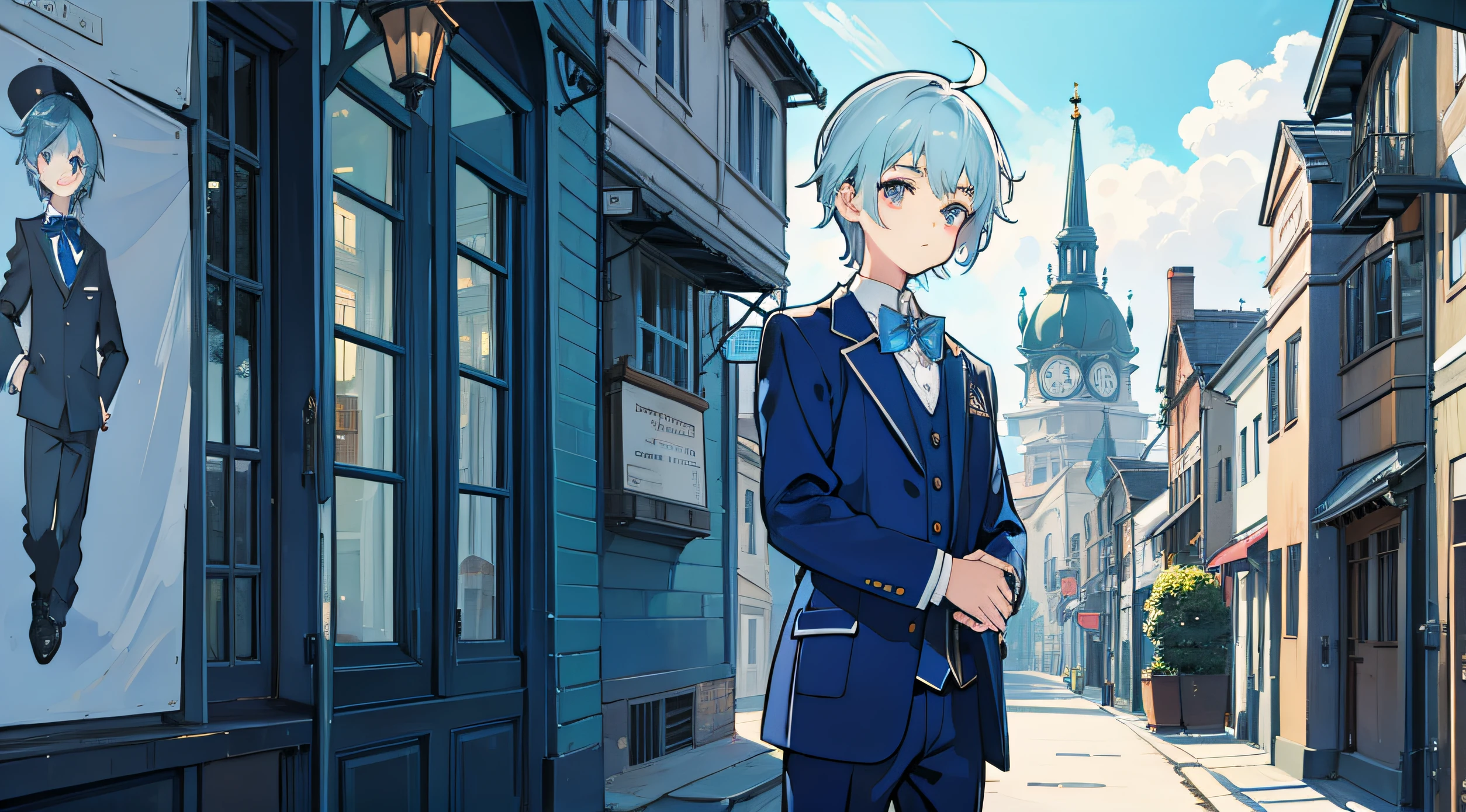 Libido boy，junior school student，blue hairs，adolable，Buildings