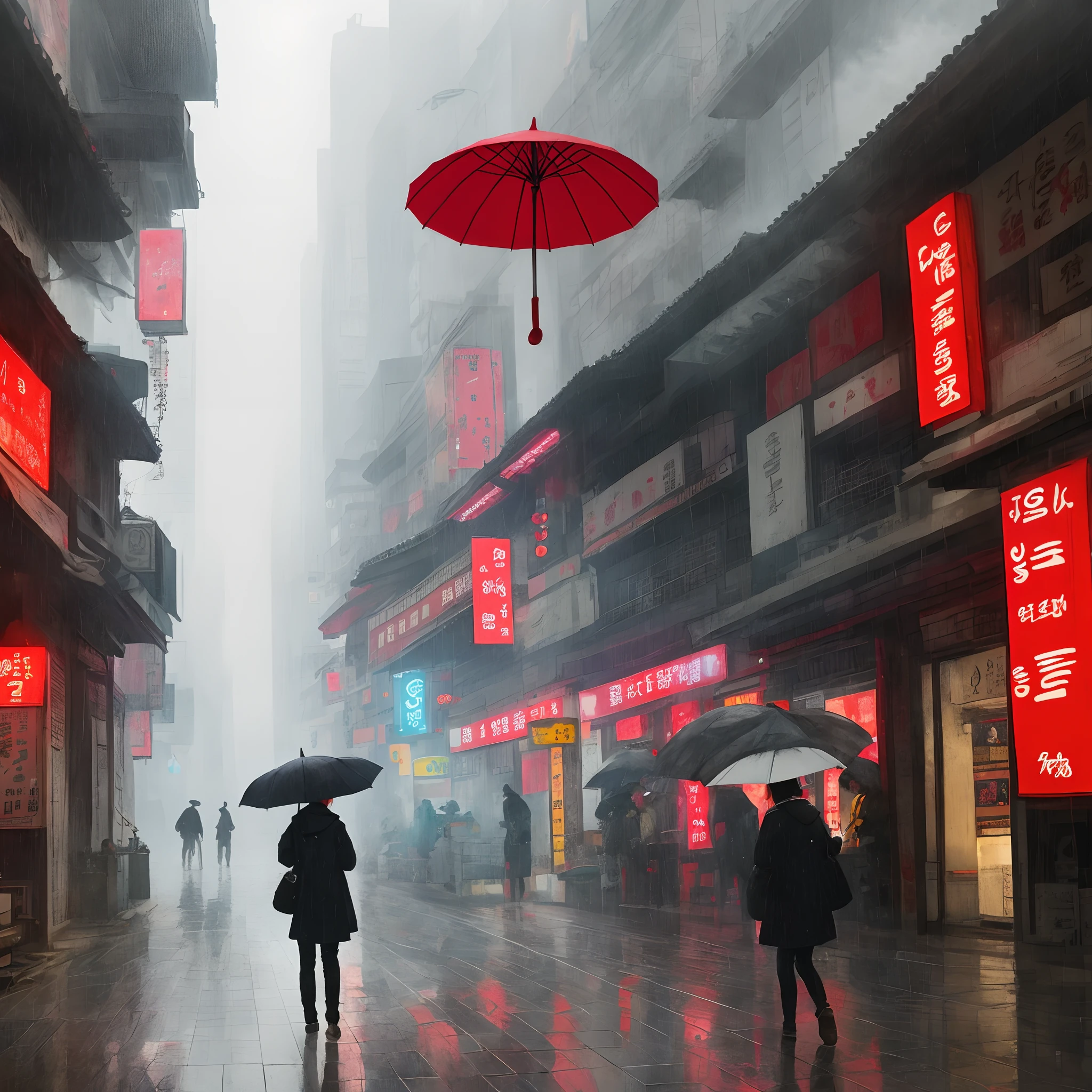 Smoke and rain Gangnam，chinese paintings，red umbrella，teens girl