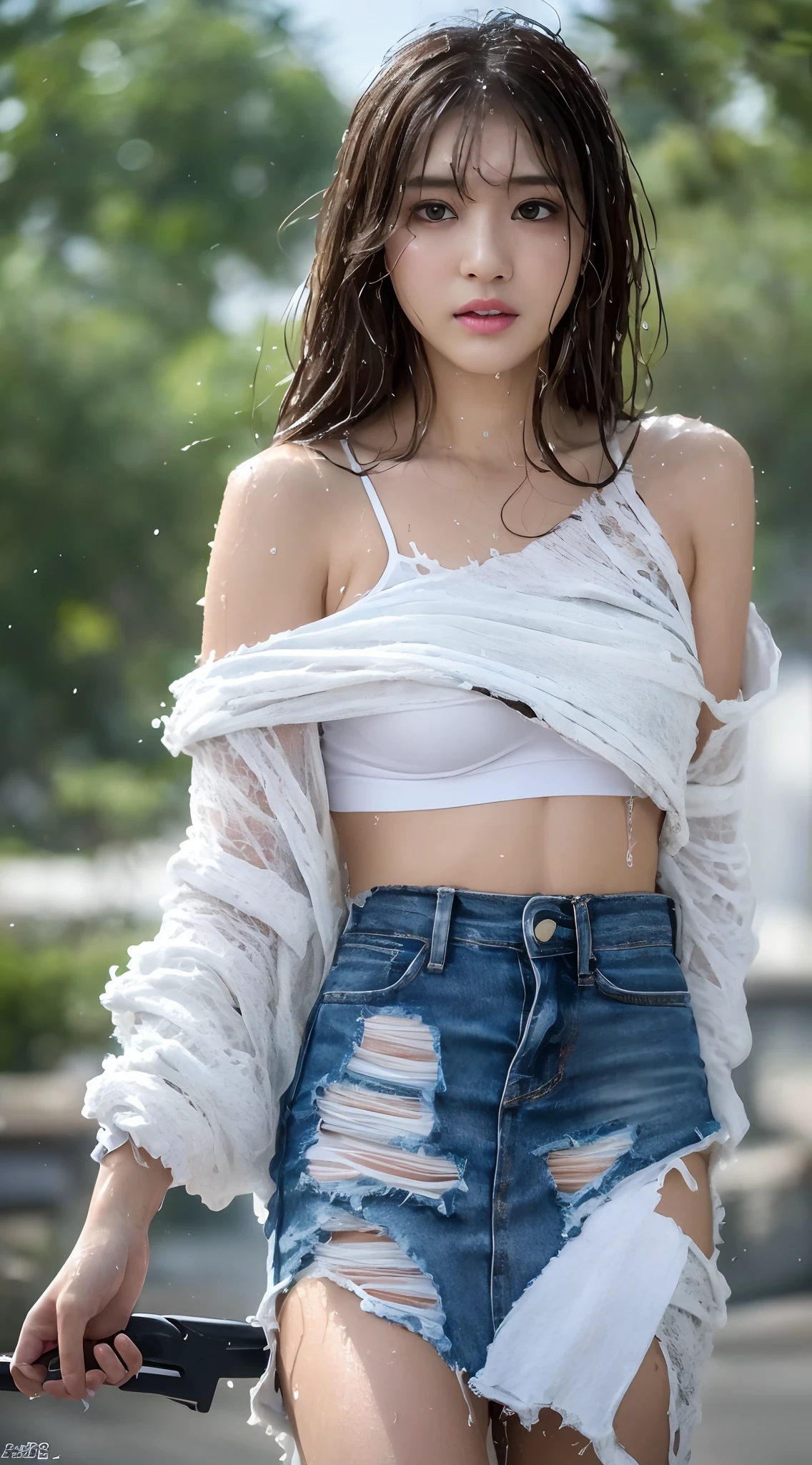 (8K、RAW shooting、top-quality、masuter piece:1.2)、ultra-detailliert、ultra res、(realisitic、rialistic photo:1.37)、portlate、high-definition RAW color photography、Professional Photography、highly detailed and beautiful、ighly detailed、8K Picture Wallpaper、amazing detailed、huge filesize、Official art、Highly detailed CG Unity 8K wallpapers、highly detailed beautiful girl、extra detailed face、extremely detailed eye、highlydetailed skin、extremely detailed fingers、highly detailed nose、very detailed detailed mouth、Perfect Anatomy、细致背景、Detailed clothing、女の子1人、(20:1.2)、in her 20s、Cute little girl s、Realistic body、小柄、de pele branca、glistning skin、Slim body、A dark-haired、((long))、(Disheveled bangs: 1.7)、kawaii、zora々Right、kawaii faces、Lifelike face、Delicate eyes、Sauce order、((Ruined battlefield))、((Holding a rifle in one hand))、((pistols))、((rifle))、((Flames exploding in the distance))、((Wearing a black miniskirt))、((white shirt))、((ripped clothing:1.5)、(Wet clothes:1.4)、bare shoulders、Real rain、wetting hair,..、((Firm D-cup milk))、((Poses variadas))、((Sad look))、((no-bra))、