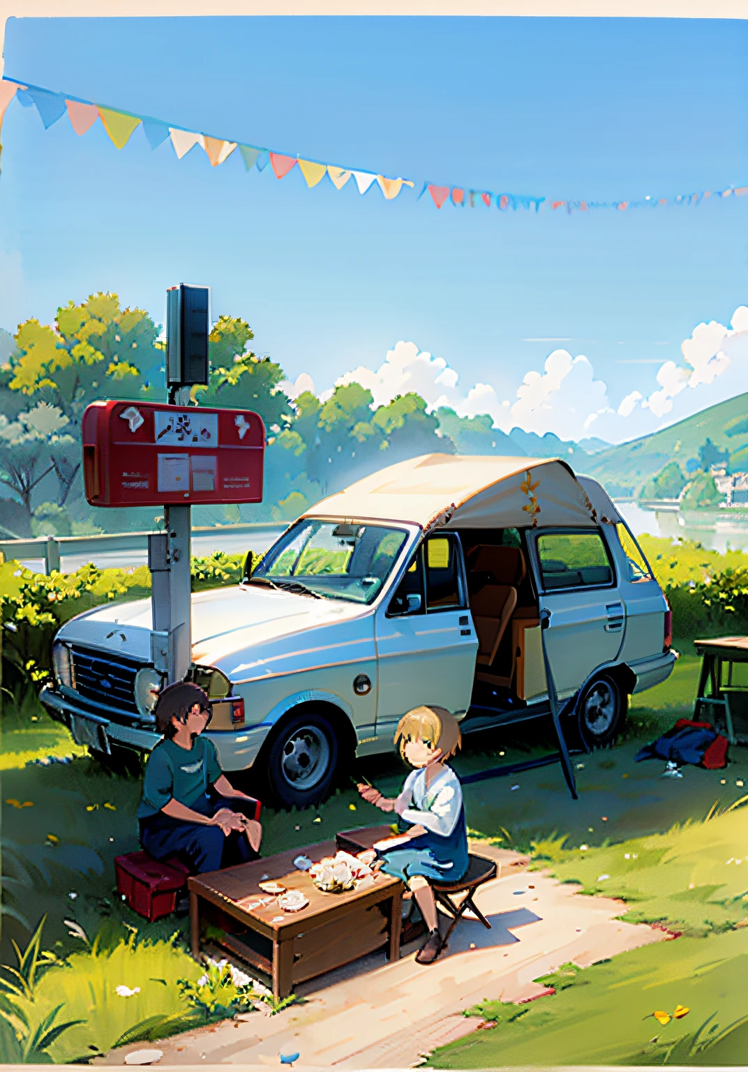Anime scene of several people sitting on benches in front of the van, yuru camp, anime yuru camp, Official artwork, Lofi art, Praise Artstyle, ( ( Makoto Shinkai ) ), anime art vehicle concept art, lofi, Makoto Shinkai's style, lofi album art, Shinkai sincerely