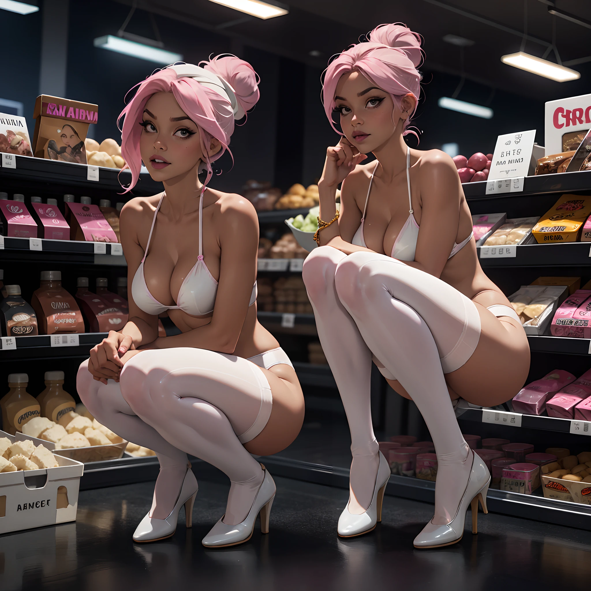 pink hair in a bun, black lipstick, White sheer bikini top, white pantyhose, skinny , leggy, tall, small boobs, squatting with legs spread, in a grocery store.