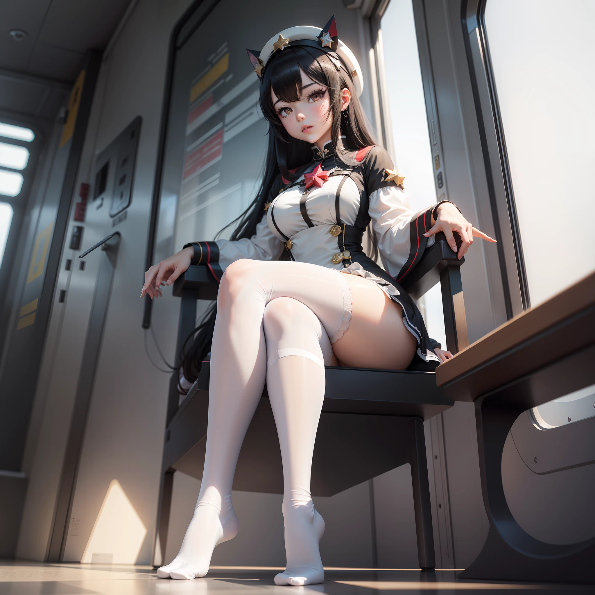 black hair, Honkai Star Dome railway style, An anime girl sitting in a chair, just two legs, Place the left leg on the right leg, White stockings on her legs, white stockings, There are a few drops of white milk on top, No shoes on, Dark background, The girl's eyes looked disgusted, Look at the screen。, Surrealism, 8k, super detail