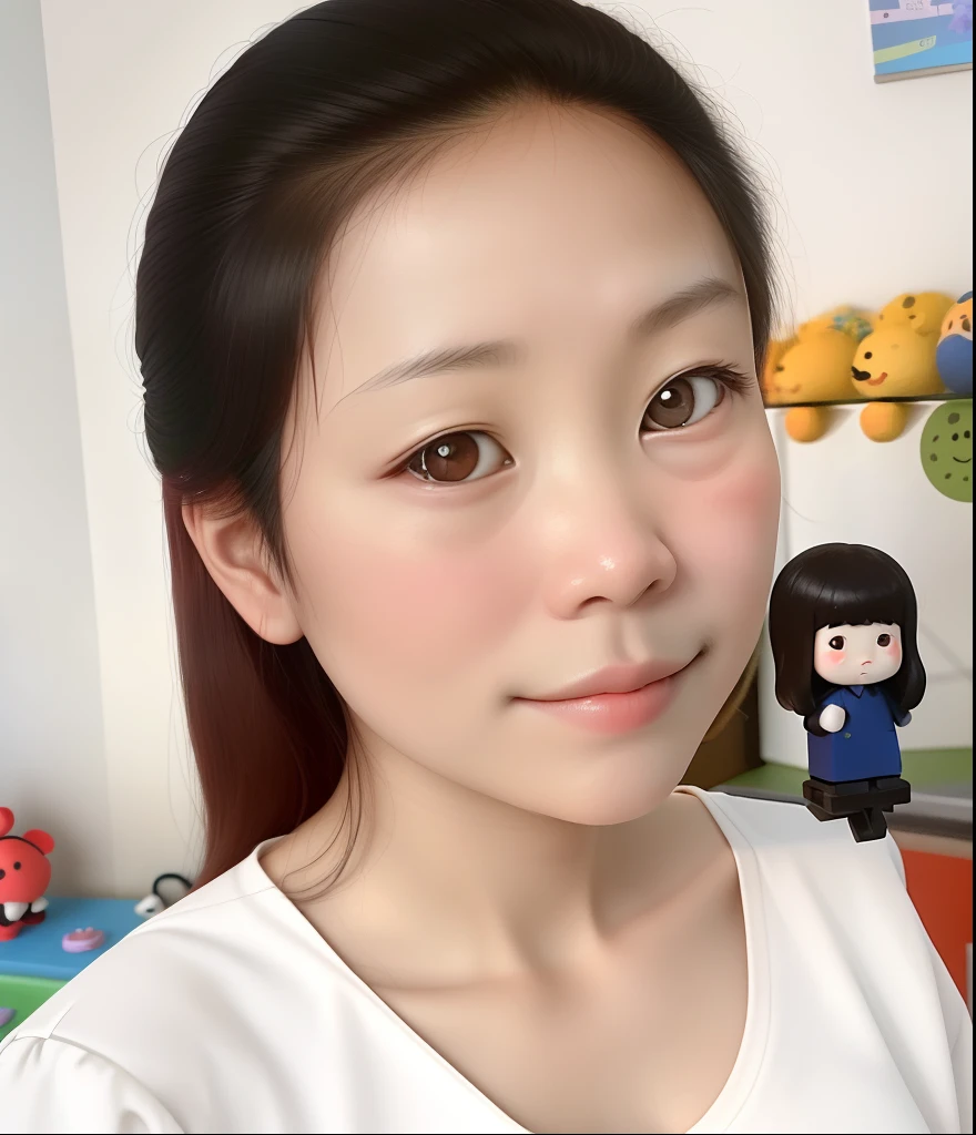 There is a woman posing in front of a toy to take a picture, xintong chen, with cute - fine - face, 8k selfie photograph, with round face, south east asian with round face, young cute wan asian face, nomake-up, wenfei ye, 2 7 years old, She is facing the camera, 30 year-old woman