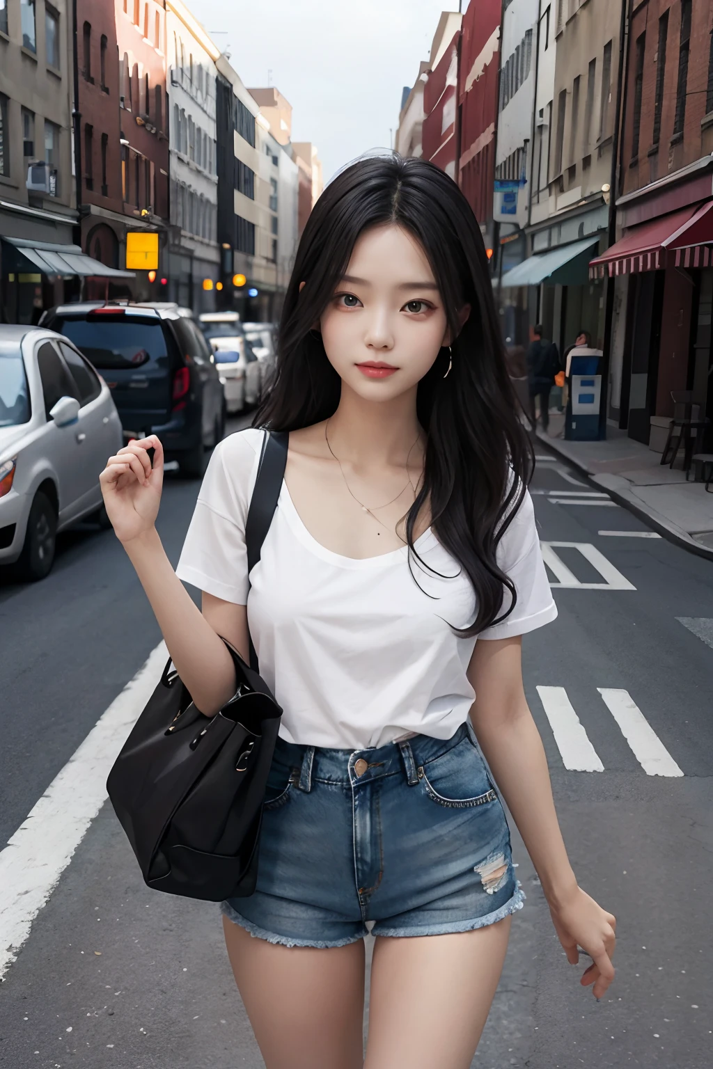 best qualtiy,tmasterpiece,超高分辨率,(realisticlying:1.4),RAW photogr,(Evening street),1个Giant Breast Girl,黑The eye,long whitr hair,Light makeup,cparted lips,tiny ears,whitet-shirt,denim short,Beautiful Women with Perfect Figure:1.4, (exteriors,beachside:1.1),the city street,Ultra-fine face,Fine eyes,二重まぶた