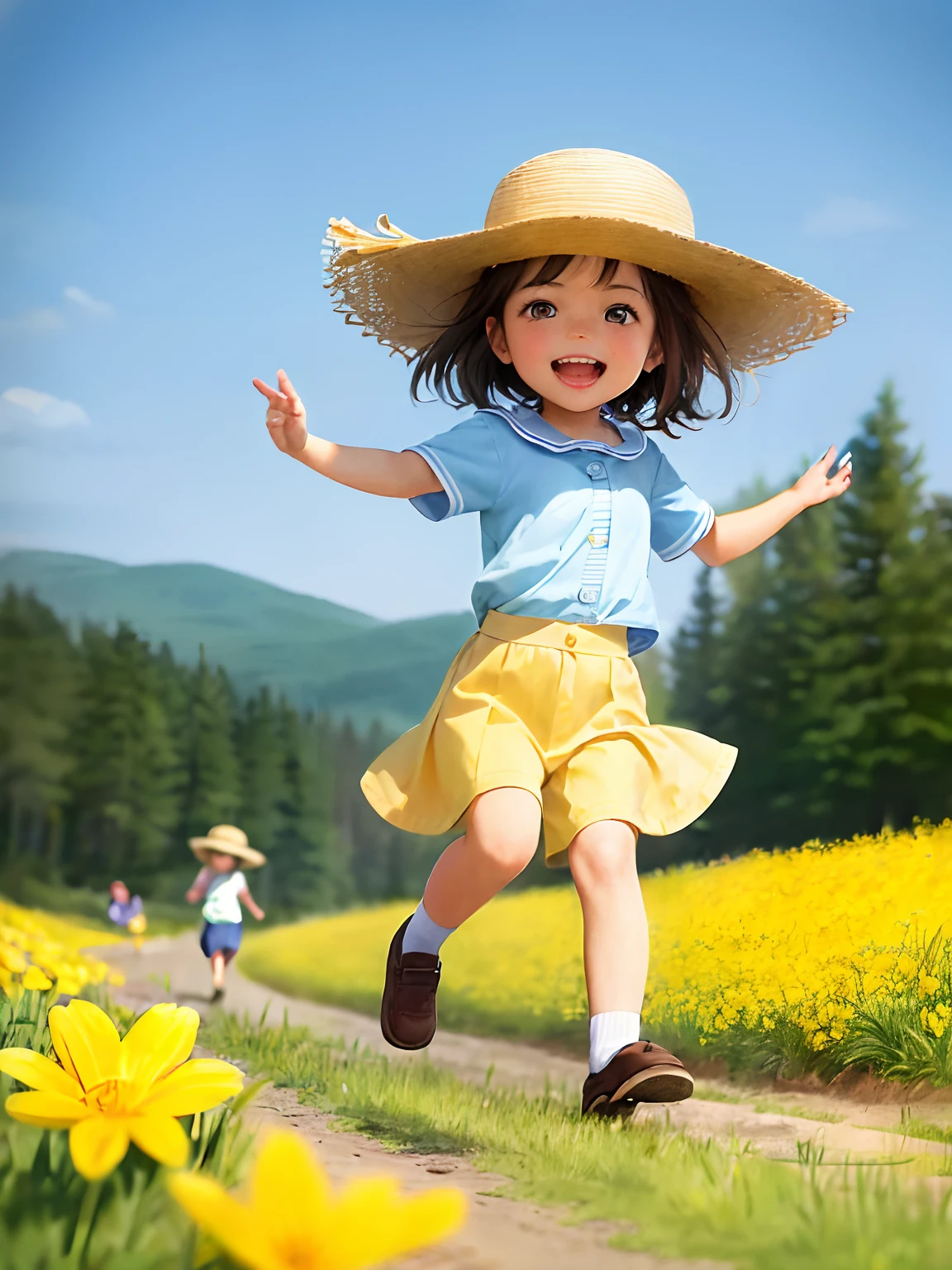 Prompt: An incredibly charming running with a hat on, accompanied by her adorable puppy, enjoying a lovely spring outing surrounded by beautiful yellow flowers and natural scenery. The illustration is in high definition at 4k resolution, with highly-detailed facial features and cartoon-style visuals.