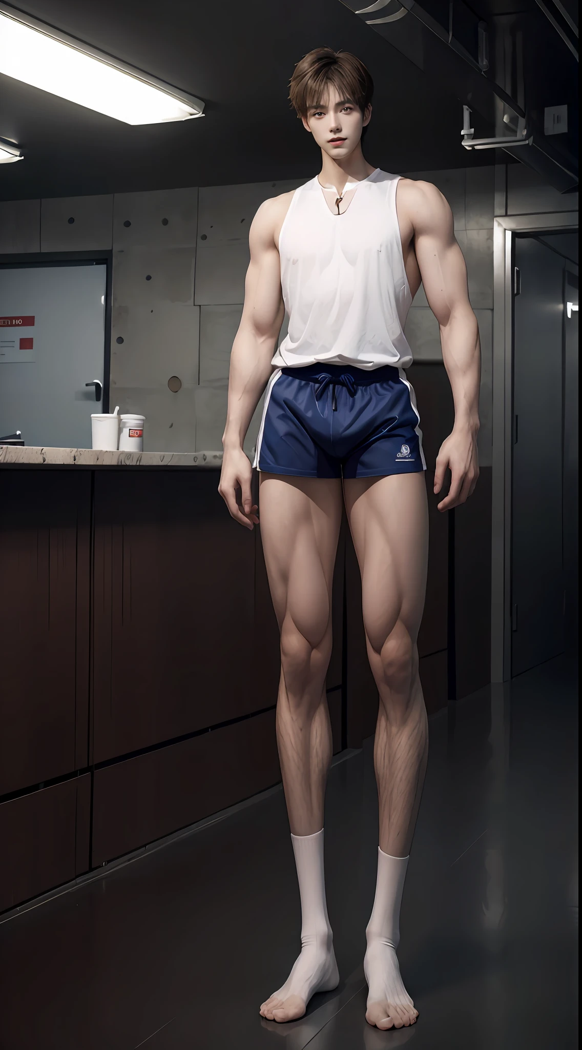 (((Best quality))),(((Ultra detailed))),(((Masterpiece))),(Cute tall Shota:2),The height of a volleyball player,solo person,(full bodyesbian:3),(Stay away from the lens:3),Expose your legs,(revealing the whole body:2),(Frontal heads-up view:1.2),malefocus,(looking at viewert),16 yaers old,(Tall:3),(Tall guy:2),Super tall,(Height 300 cm:2),Excellent body proportions,muscular physique,(1.The shoulders are 5 times wider:1.2),(Slender straight legs:2.5),Slender feet,small heads,musculous,(The face of the animated male protagonist),(Very detailed beautiful face and eyes:2),(Big bright eyes:1.2),Sharp eyeliner,Clear and beautiful face,,exhilarated,(Happy smile:2),short detailed hair,(Correct facial features),(tilts your head:1.5),(Men's sailor suit:2),White socks,(Muscle firming:2),Strong,(Wide shoulders and narrow waist:2.2),Sports men's socks,Detailed muscle texture,Highlights muscle structure,In the subway car,(Confident posture:4),(full length shoot),ultra-realistic realism, (Photorealistic detail), Incredible accuracy, lifelike textures, masterful technique, Jaw-dropping precision, artistic dedication,(anatomy correct),Good lighting,exquisite detailing,Best quality,stunning masterpiece,CG,(Colored screen)