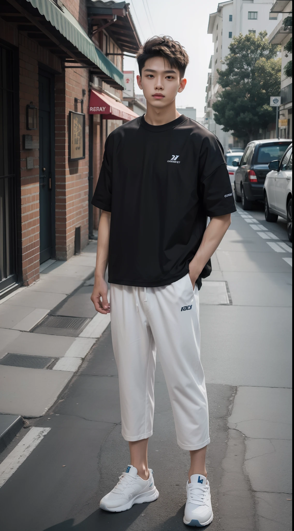 18 years old boy，One meter eight height，leisure wear，Casual shoes，Cropped pants，full body detailing，Skin is white and clean，Ultra-high quality images，hyper realisitc，Realiy，Background street，50 million pixel quality