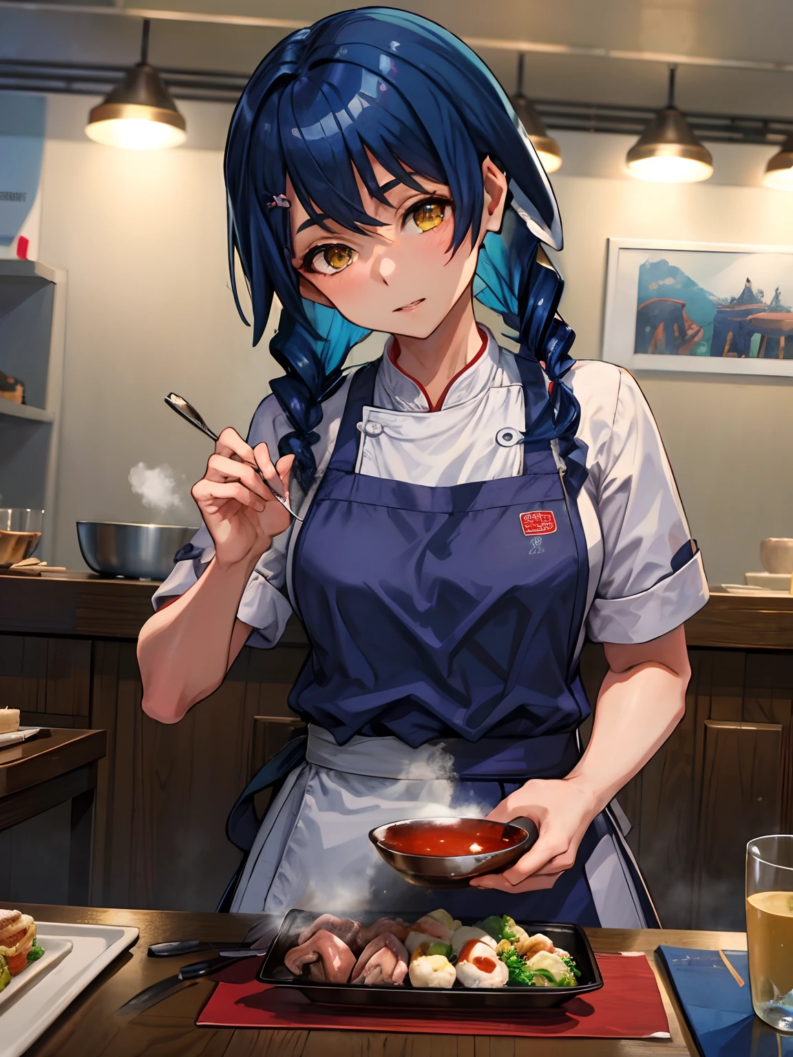 (masterpiece, best quality:1.2), 1girl, (mature), [nsfw], Megumi, (blue hair), (chef uniform), (squids), [tentacles]