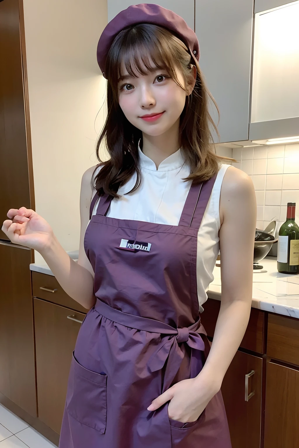 A woman cooking、(kitchin_aprons:1.Wear 3)、nice hand、4K、A high resolution、tmasterpiece、top-quality、wear cap:1.3、((hasselblad photograph))、Fine skin、foco nítido、(lighting like a movie)、Soft lighting、dynamic ungle、[:(详细的脸:1.2):0.2]、Medium chest、Sweat runs down the skin:1.2、(((In the kitchen))) Cute smile　Viewer's perspective　Colossal tits　tying  hair　Sleeveless　Extend your upper arm　Shoulders sticking out　cleanness　big kitchen　Beautiful kitchen　Wine glasses　Expose your ears