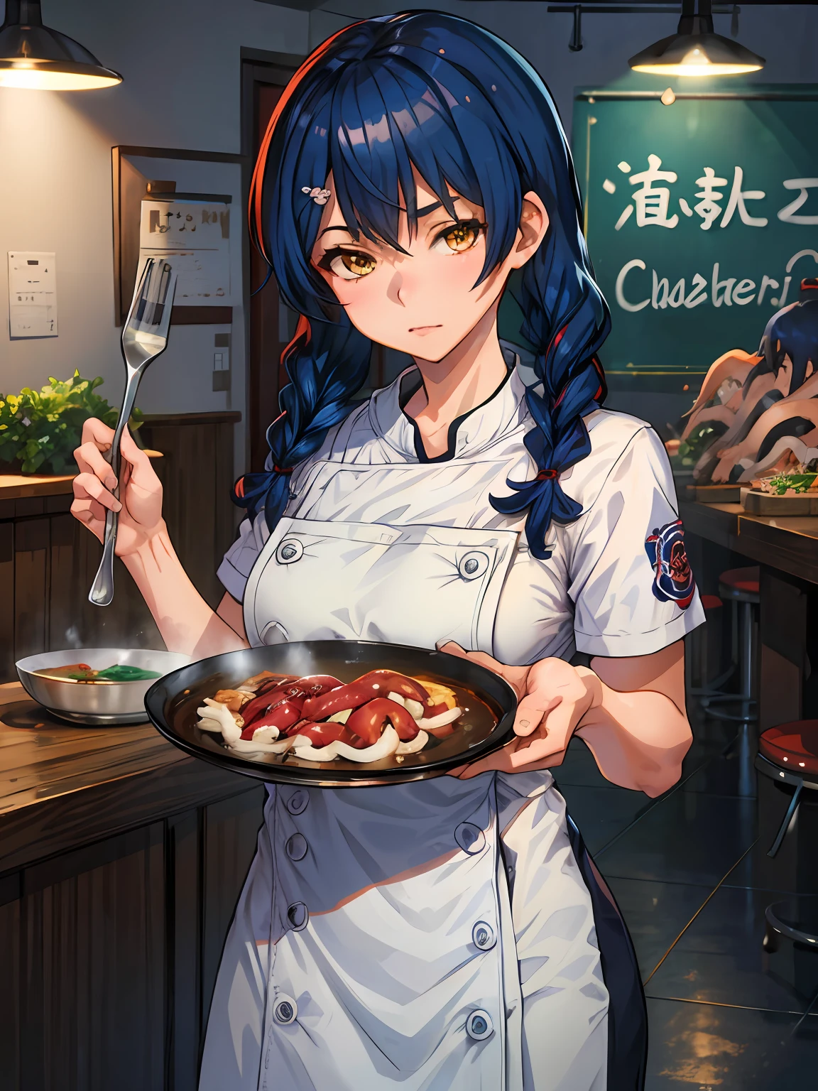(masterpiece, best quality:1.2), 1girl, (mature), [nsfw], Megumi, (blue hair), (chef uniform), (squids), [tentacles]