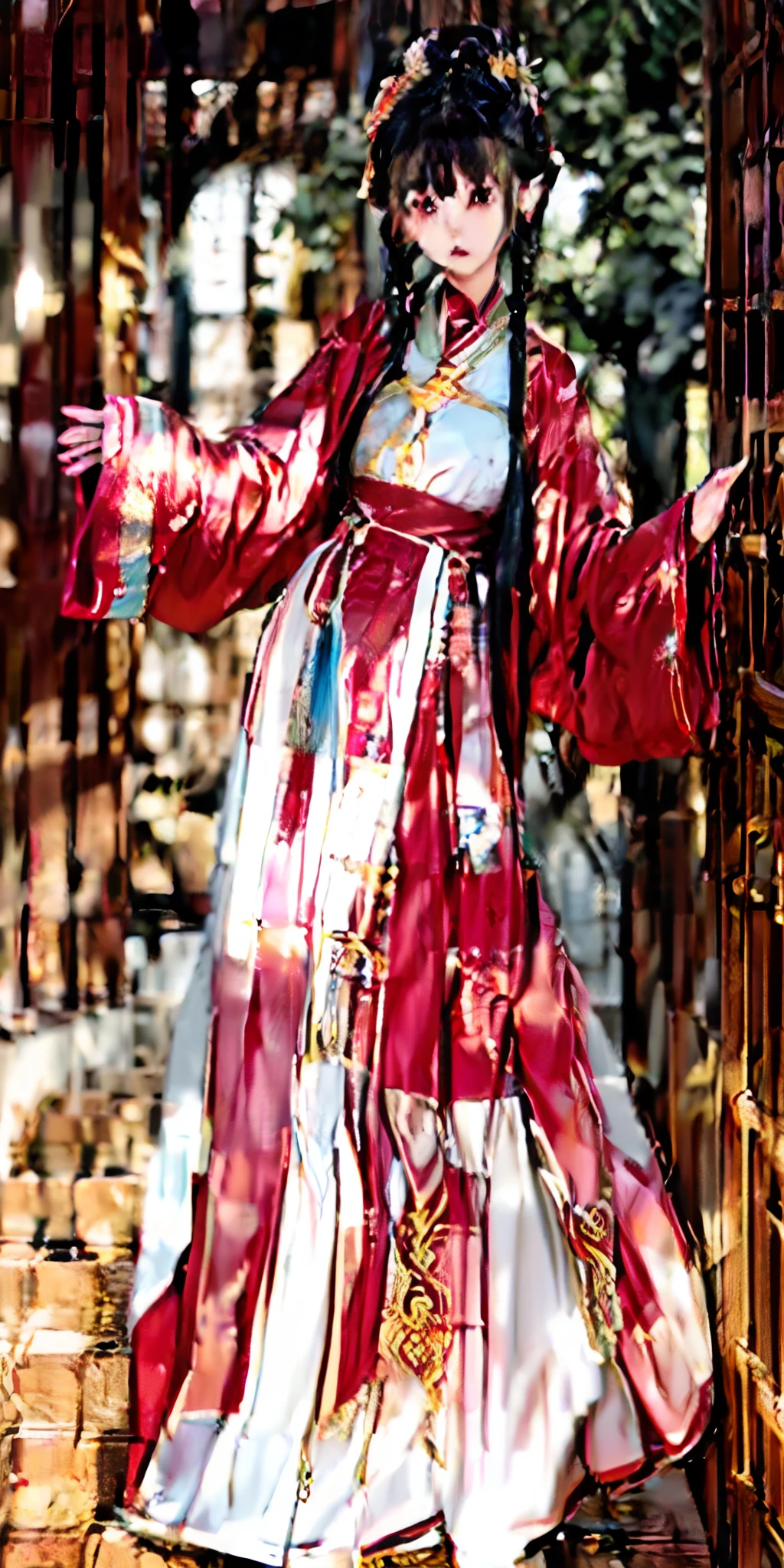Need,tmasterpiece,black hair,Golden eyes,Redcoat,Hanfu，Look up,The upper part of the body,Hairline,Fair skin,SideBraid