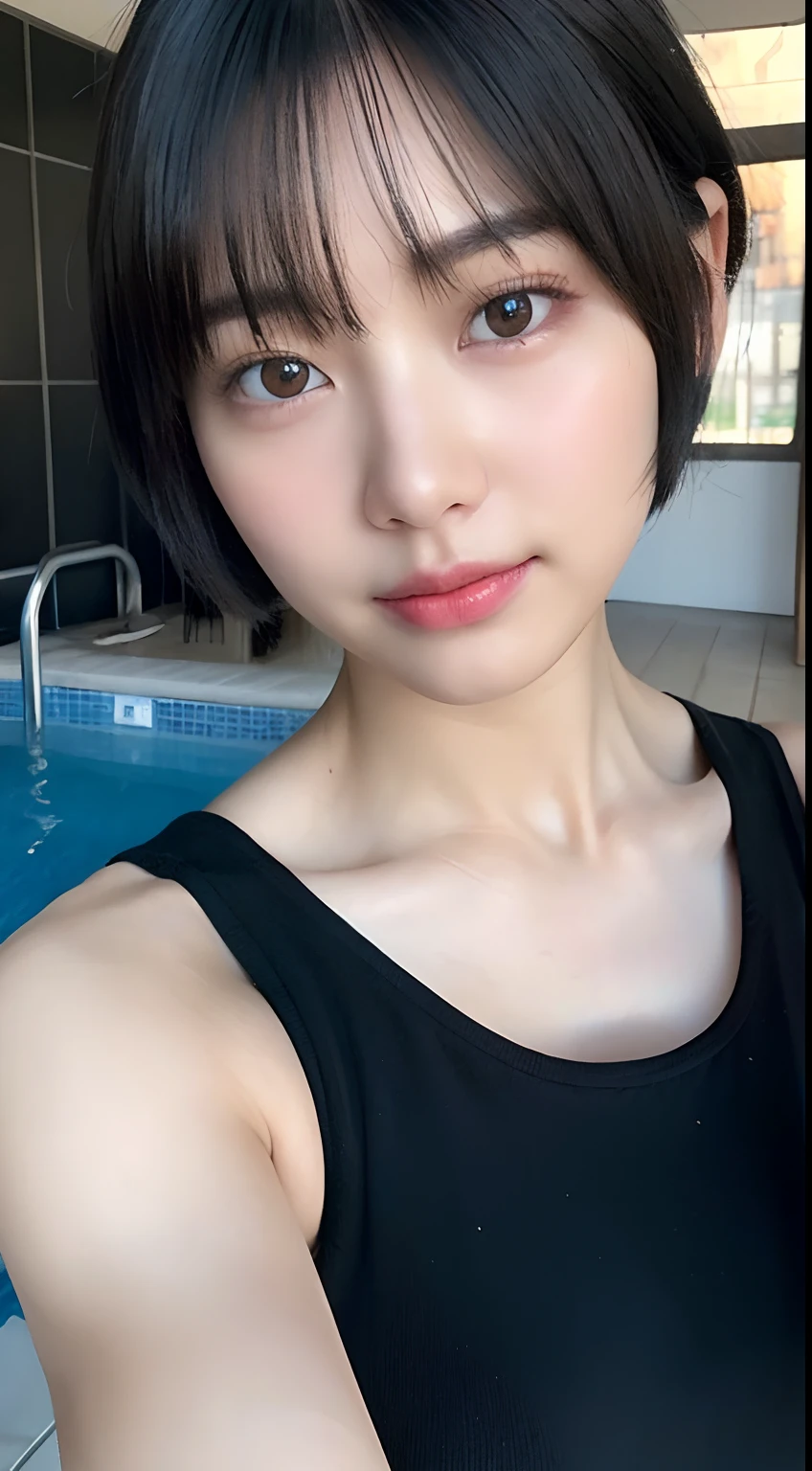 (8K, Raw photography, top-quality, ​masterpiece:1.2),  One Woman、Japan at 24 years old,fullllbody.（Realistic Skins 1.4）、（（（swim wears）））（（in poolside））、50mm Lens、30mm film、（a short bob、short-cut、bobhair、）（A dark-haired、The forehead is hidden by bangs、）、Black eyes、shinny skin.Beautiful delicate face、Beautiful delicate eyes、Thicker thighs、One piercing in each ear、