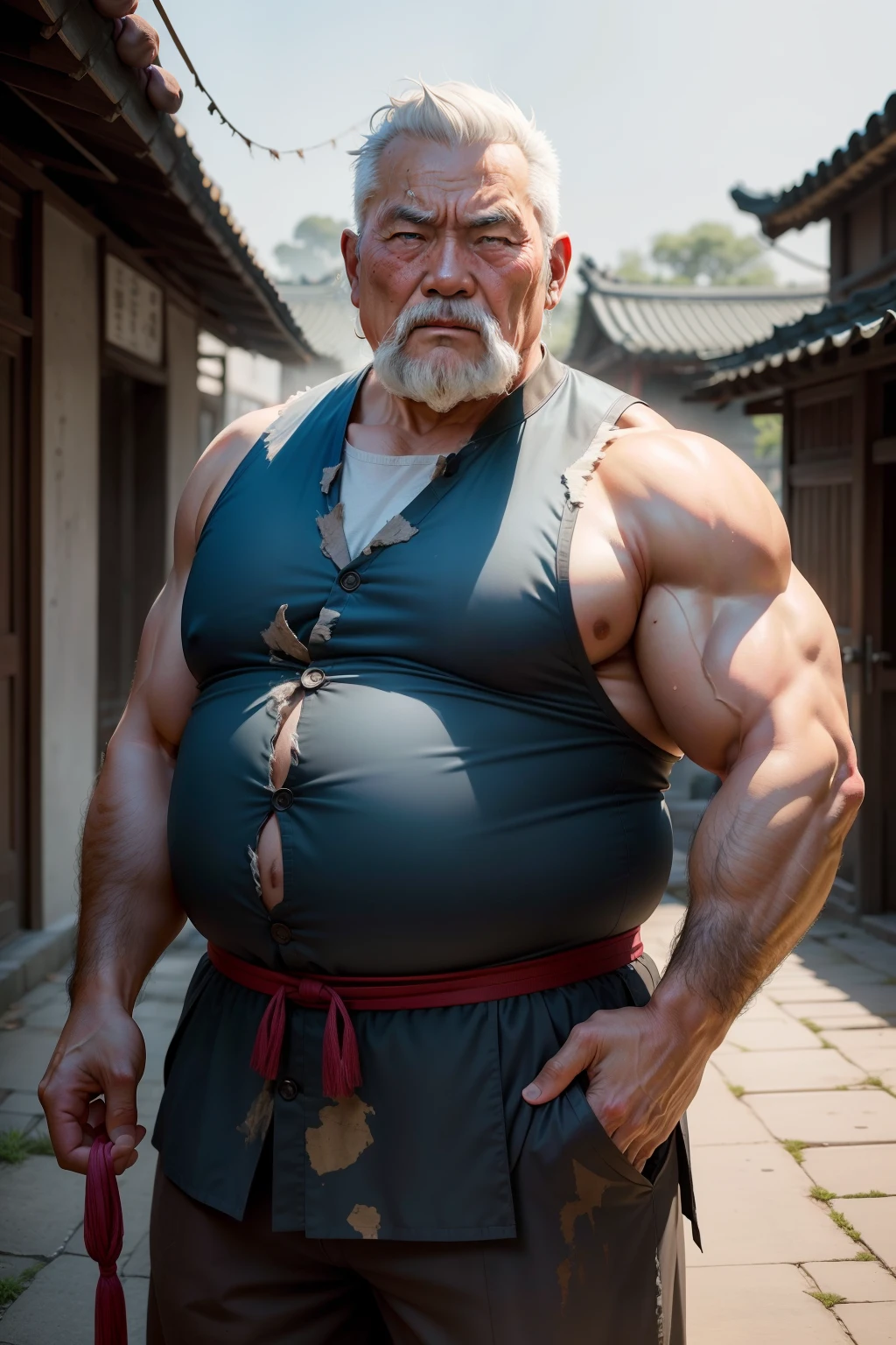 The old man with fat wrapped muscles in rural China 【Clothes are tattered 】Realisticstyle