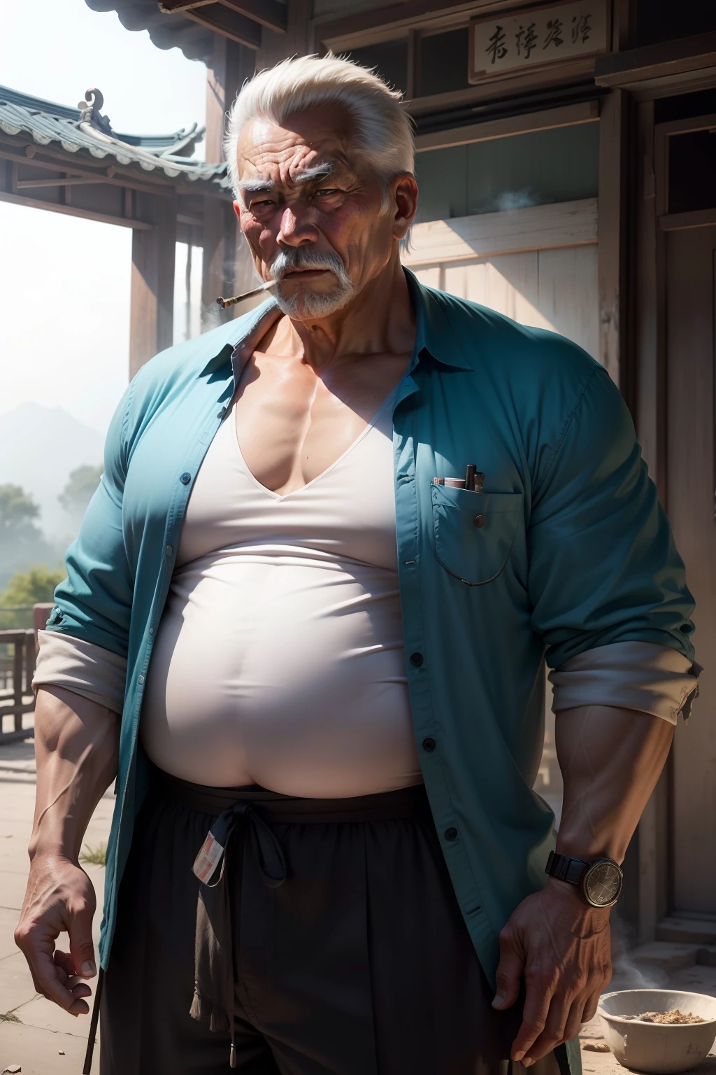 The old man with fat wrapped muscles in rural China 【Clothes are tattered and smoking 】Realisticstyle