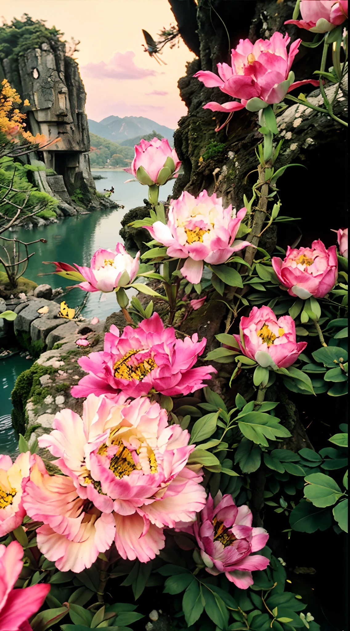 lake water, Ten miles of peach blossoms, Peach Blossom Forest, wood bridges,tree house,White grass, fall foliage, Yellow flowers, There are fishing boats on the lake, There are people in the mountains, Cooking smoke, A landscape painting like a gossip map, Separated peach blossom source, The whole picture is decorated with pink peach blossoms, romanticism lain, Chiaroscuro, Cinematic lighting, Ray tracing, full bloom, in a panoramic view, Sideways, Ultra-wide angle, hyper HD, Masterpiece, ccurate, Super detail, High details, High quality, Award-Awarded, 8K