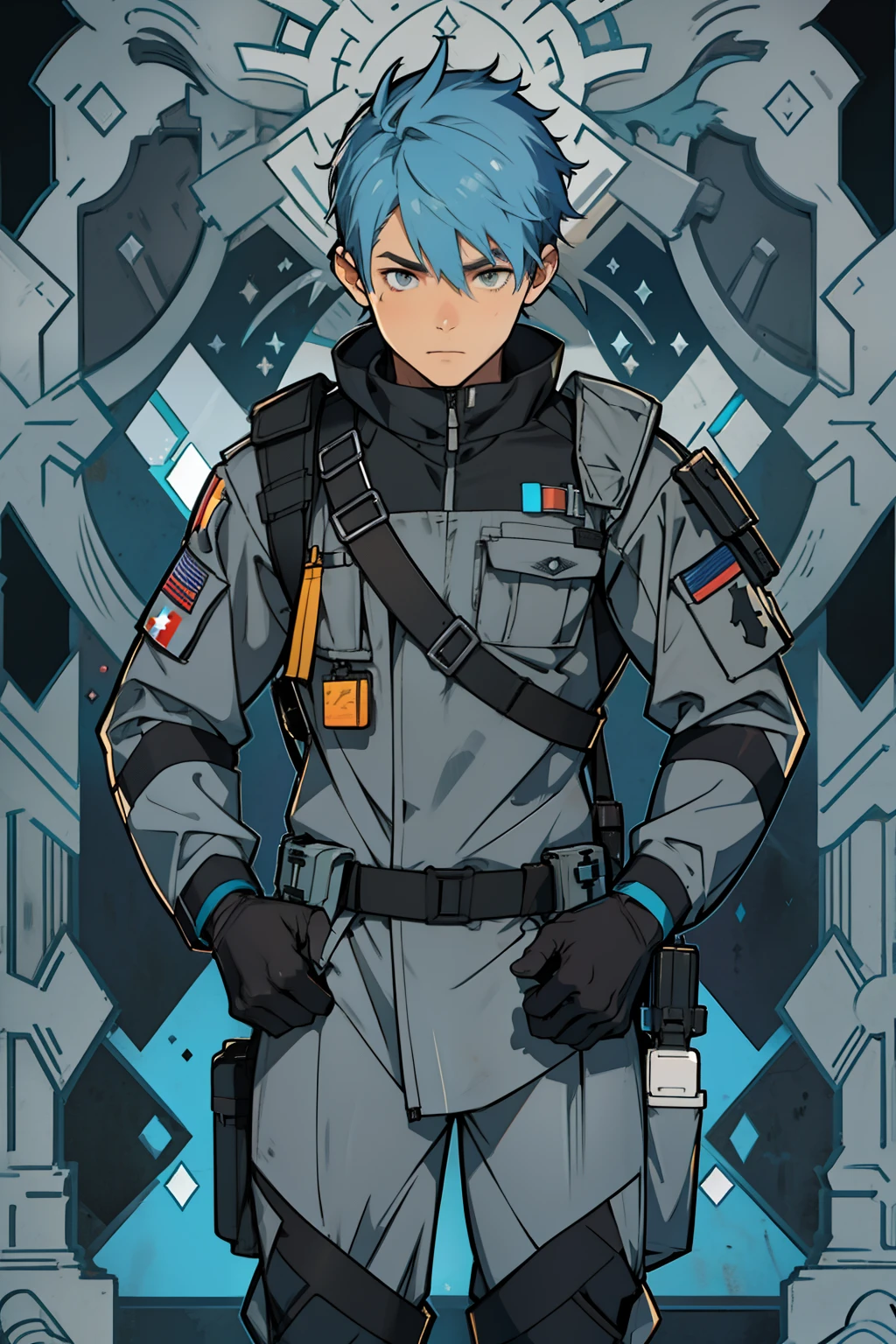 Young male combat medic with shoulder-length blue hair, wearing grey combat rig, wearing tactical outfit