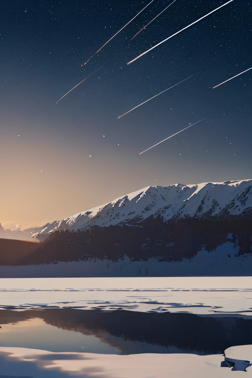 {{{masterpiece}}}, {{the best quality, super fine illustrations, beautiful and delicate water}}, {{very delicate light}}, {{nature, painting}}, {{fine lighting, more transparent stars, high-quality snowflakes, high-quality mountains, very fine 8KCG wallpapers}}, (plateau), (((snow mountain))), sunrise, randomly distributed clouds, (snow field), cliff, ((rotating star sky)), ((lake in mountain stream)), luminous particles