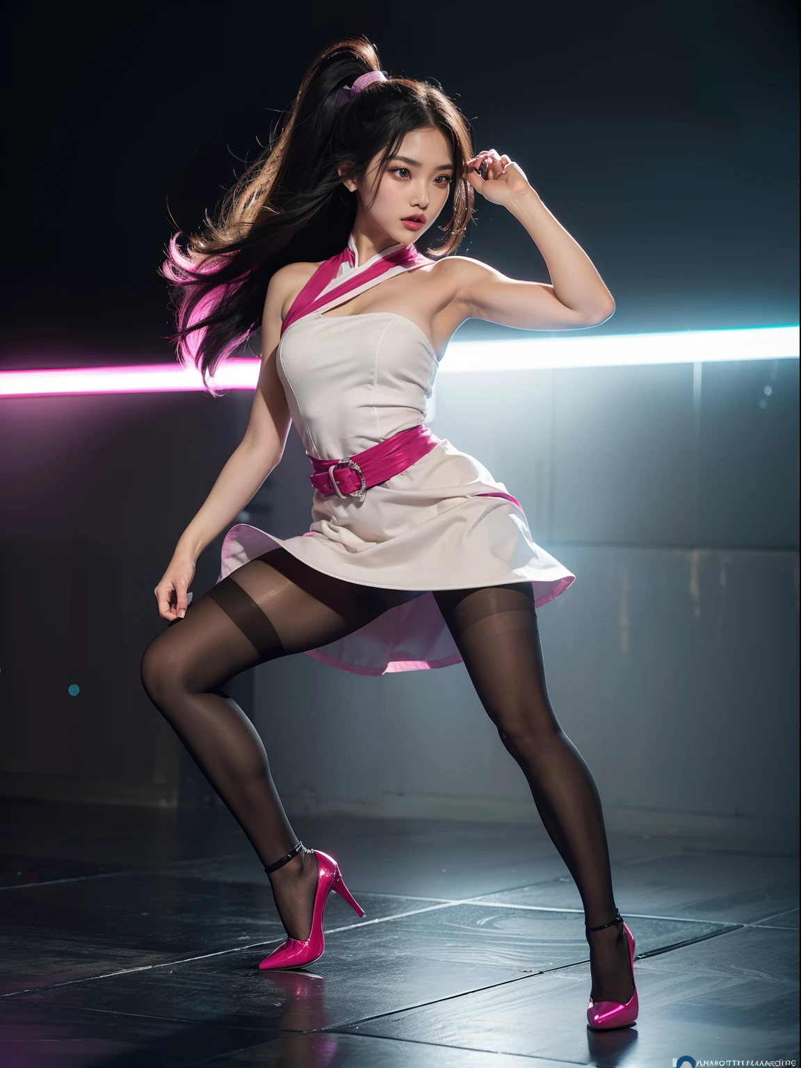 (full body:1.5),(looking at viewer:1.4),(anatomy correct:1.3), (Wearing Pantyhose, pointed toe high-heeled, and Female Ninja Set:1.2), (Combat posture:1.3),(In pink|amarelo|blue colors|green color|red colour|white colors|black in color|purpleish color|greys|Beige|Flesh color 1.4),(Accurate and perfect face:1.4),(A dress that looks like a mirror:1.3),A shallow laugh,,hyper HD, Ray traching, reflective light,structurally correct, Award-Awarded, high detal, lightand shade contrast, Face lighting,cinmatic lighting, tmasterpiece, super detailing, high high quality, high detal, best qualityer, 16k,high contrast,