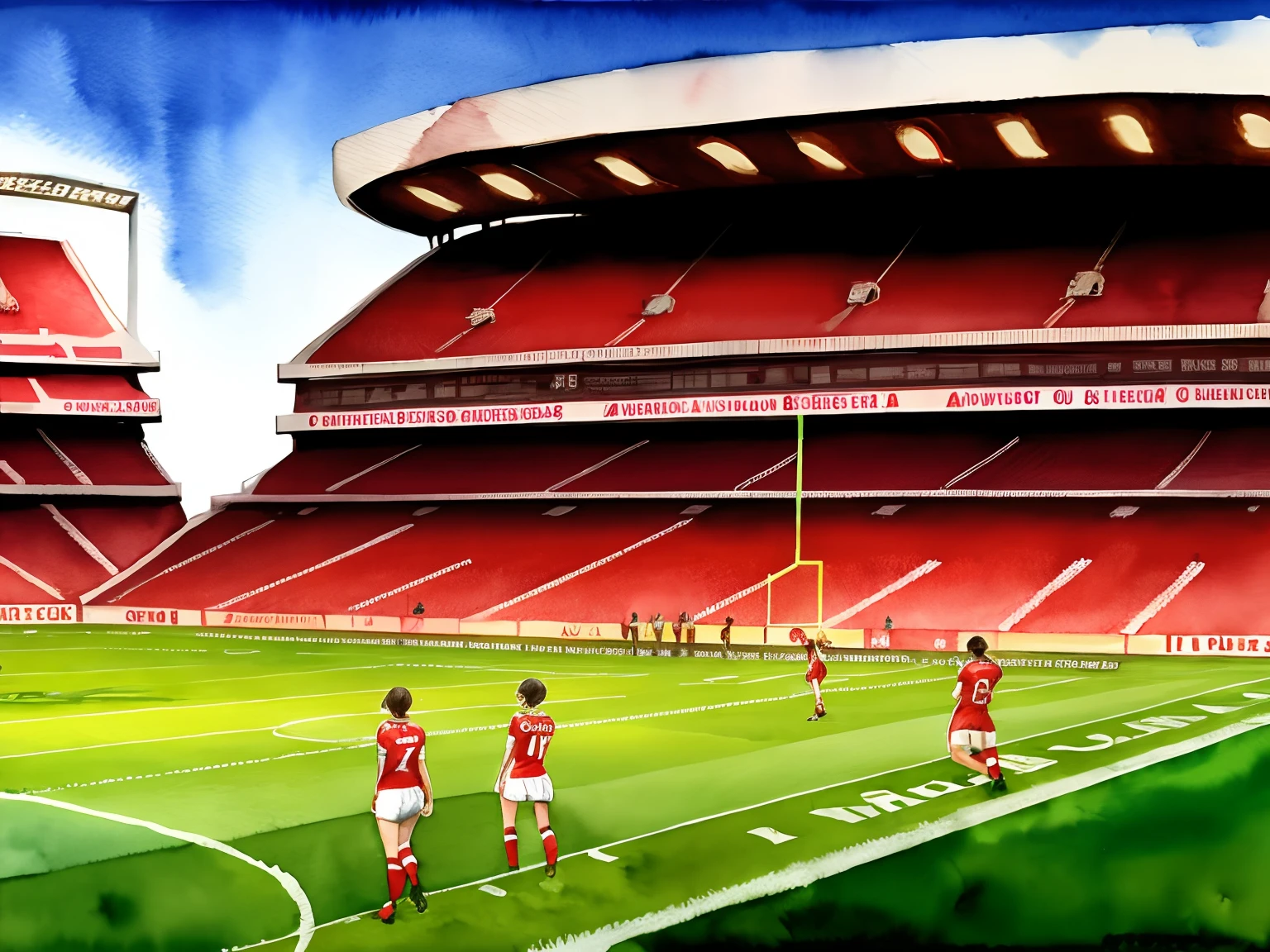 Beautuful Women,Wear Arsenal clothes,Background of a football field,Watercolor illustration,beautiful high resolution