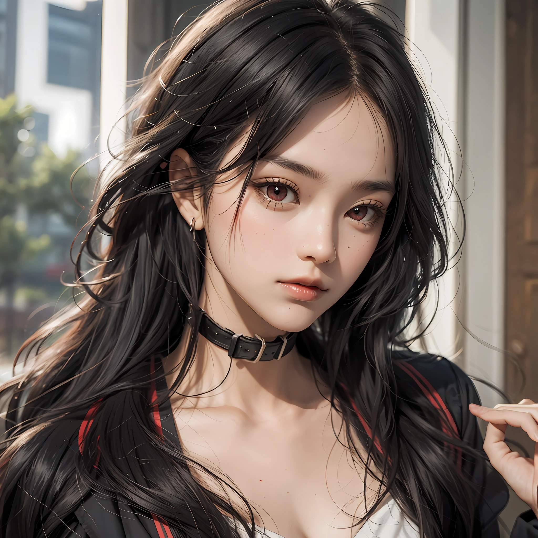 Close-up of a black haired girl with red eyes