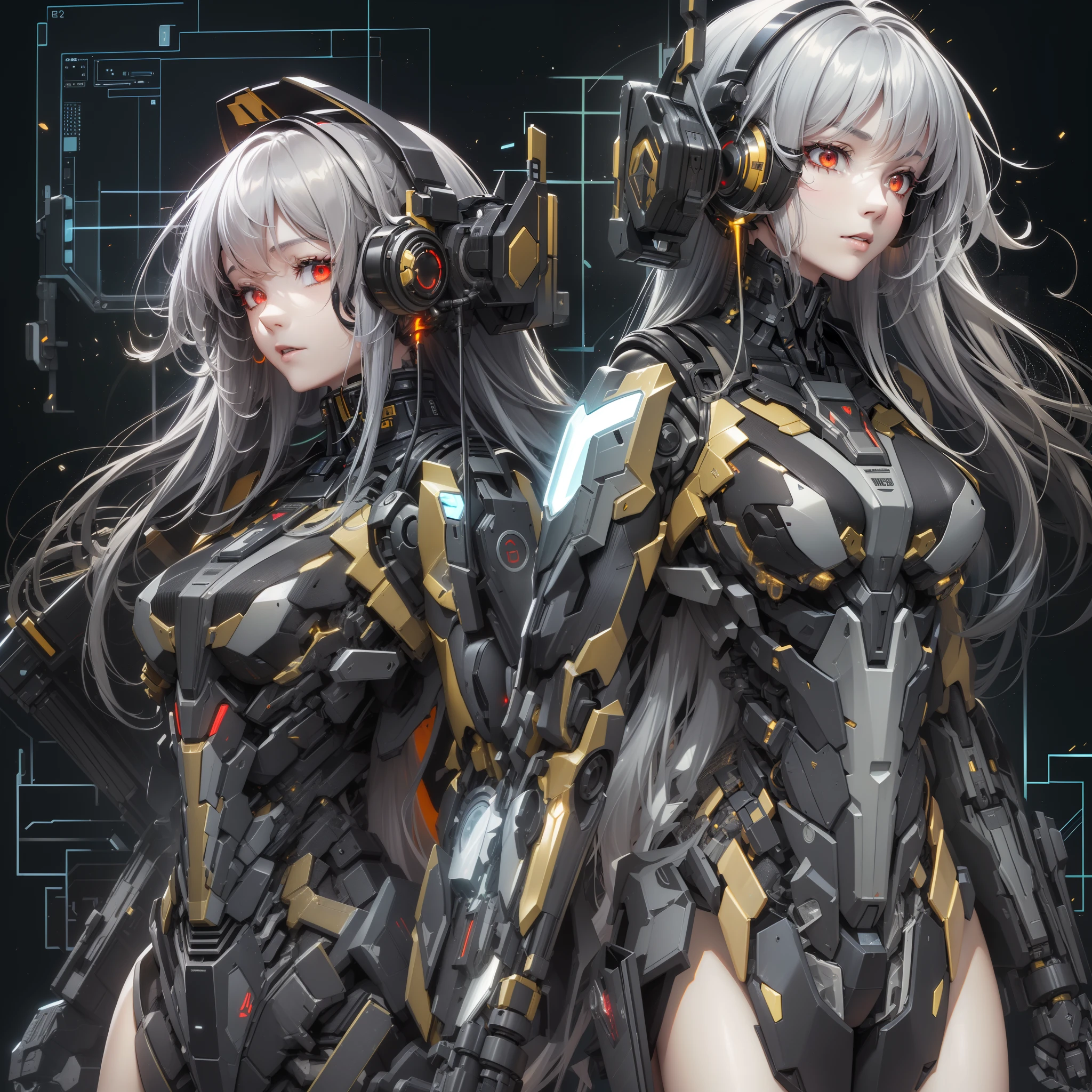 (Golden ratio:1.2),[(Black background:1.4)::10],(Masterpiece), (Best quality), (Ultra detailed),(Disheveled hair),(illustration),(1girll:1.3),Solo,full bodyesbian,Silver hair,Long straight hair,Red eyes,Cyberpunk girl,mecha-girl,Futuristic wireless headphones,Virtual screen projection,LCD screens,Fiber optic cable,Mechanical limb,Small breasts,Slim waist,Mechanical exoskeleton,mechanicalparts,(Drift particle effect:1.3),A conduction tube that emits red light,(Huge jetpack:1.3)+(Folding futuristic sniper rifle:1.3)+(Missile compartment:1.3)