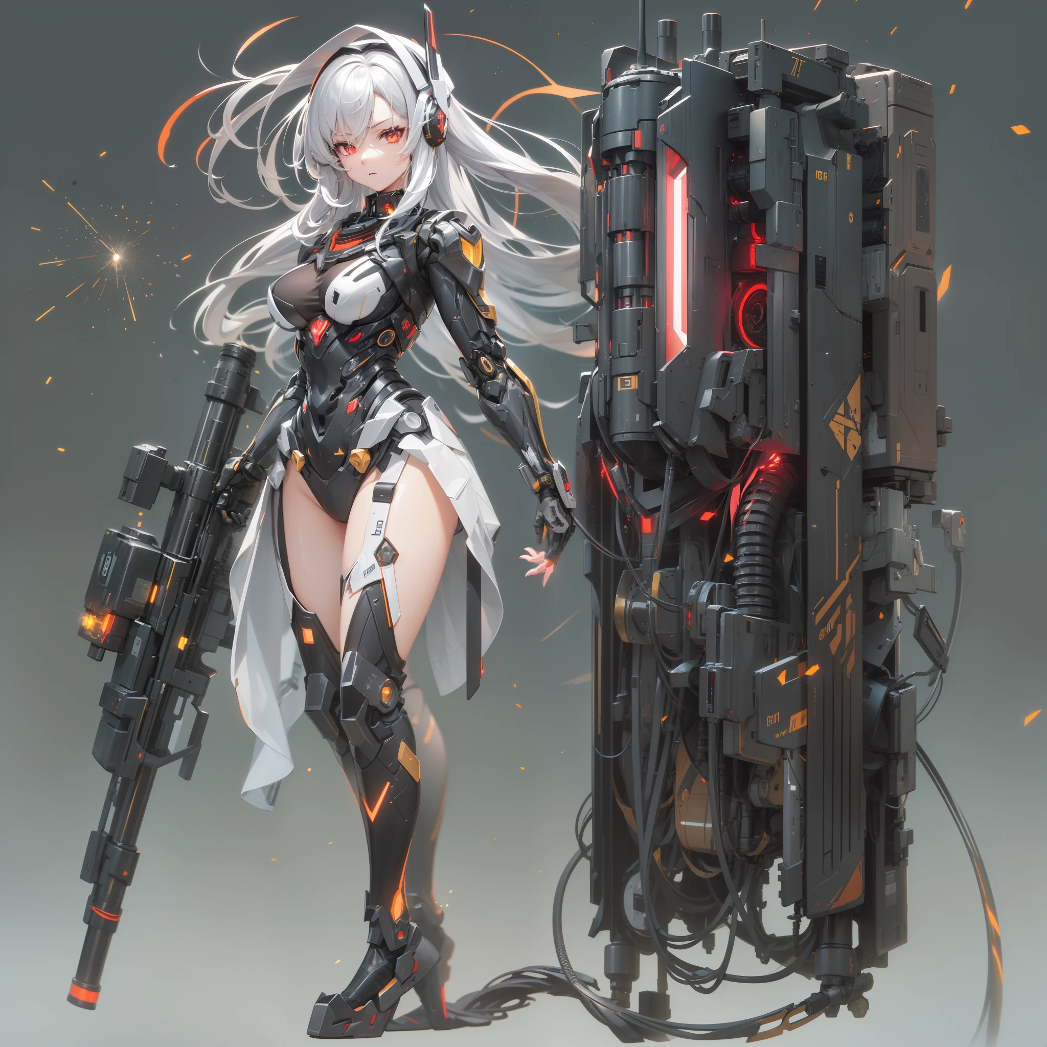 (Golden ratio:1.2),[(Black background:1.4)::10],(Masterpiece), (Best quality), (Ultra detailed),(Disheveled hair),(illustration),(1girll:1.3),Solo,full bodyesbian,Silver hair,Long straight hair,Red eyes,Cyberpunk girl,mecha-girl,Futuristic wireless headphones,Virtual screen projection,LCD screens,Fiber optic cable,Mechanical limb,Small breasts,Slim waist,Mechanical exoskeleton,mechanicalparts,(Drift particle effect:1.3),A conduction tube that emits red light,(Huge jetpack:1.3)+(Folding futuristic sniper rifle:1.3)+(Missile compartment:1.3)
